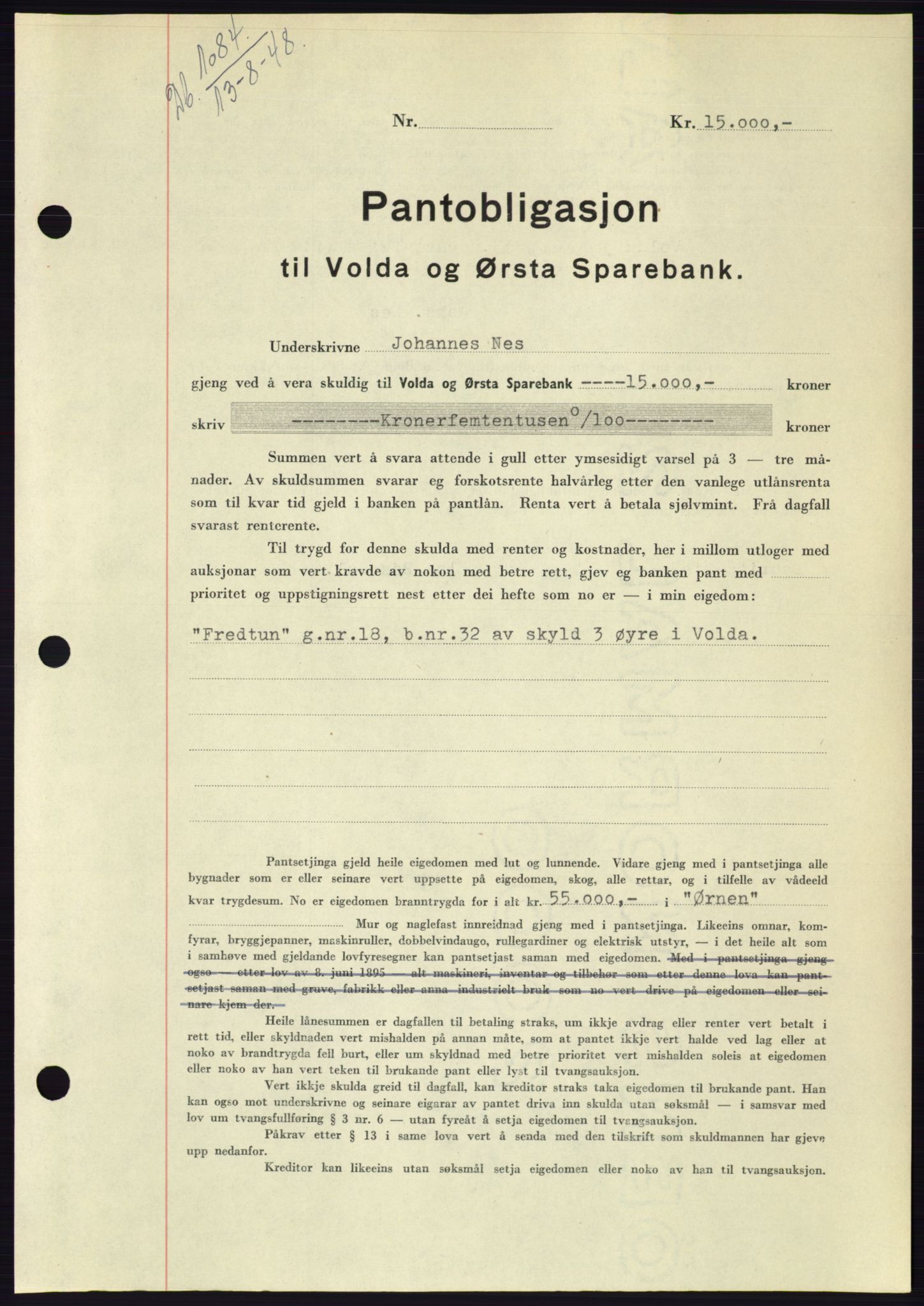 Søre Sunnmøre sorenskriveri, AV/SAT-A-4122/1/2/2C/L0116: Mortgage book no. 4B, 1948-1949, Diary no: : 1084/1948