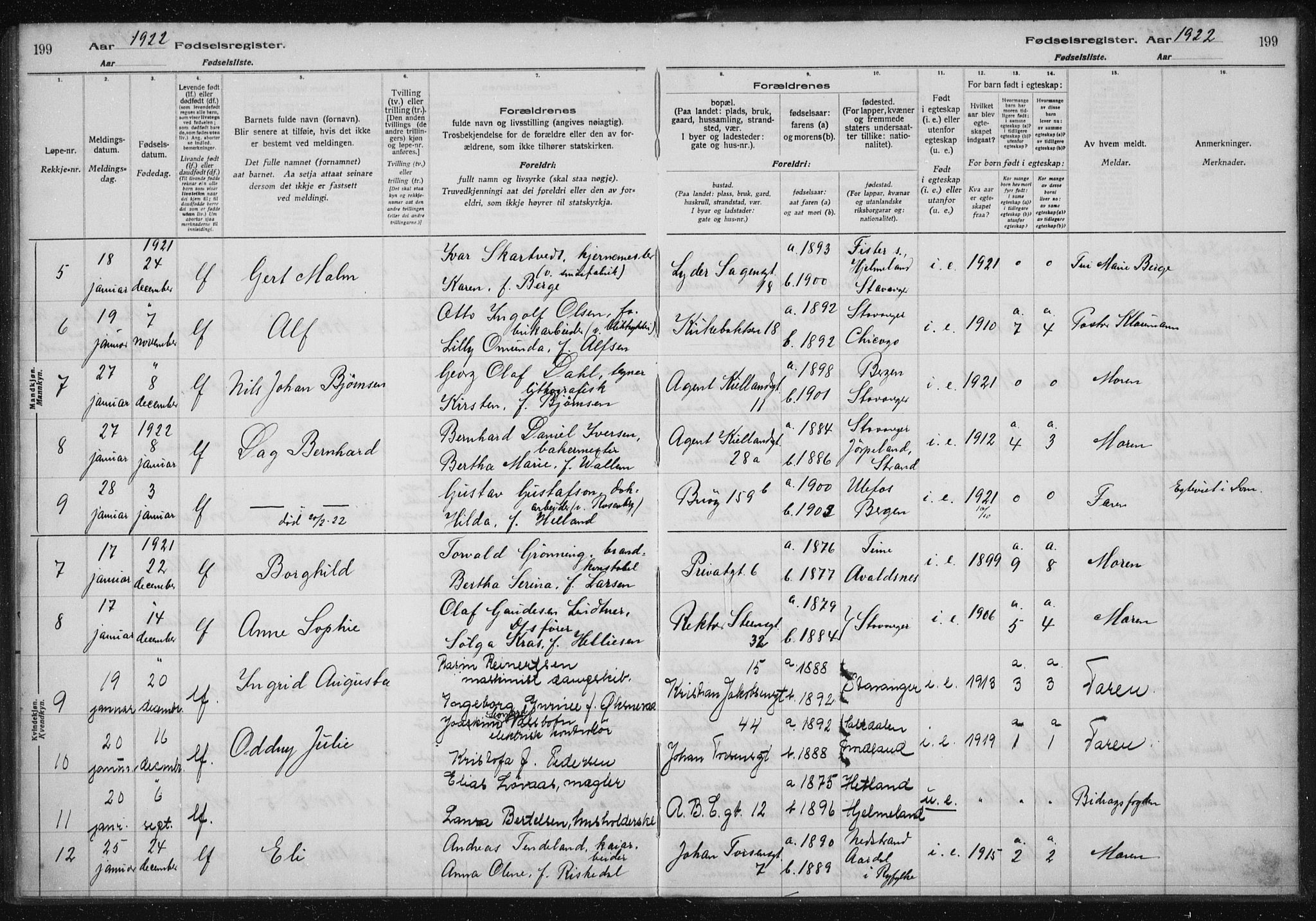 St. Petri sokneprestkontor, SAST/A-101813/002/A/L0001: Birth register no. 1, 1916-1922, p. 199