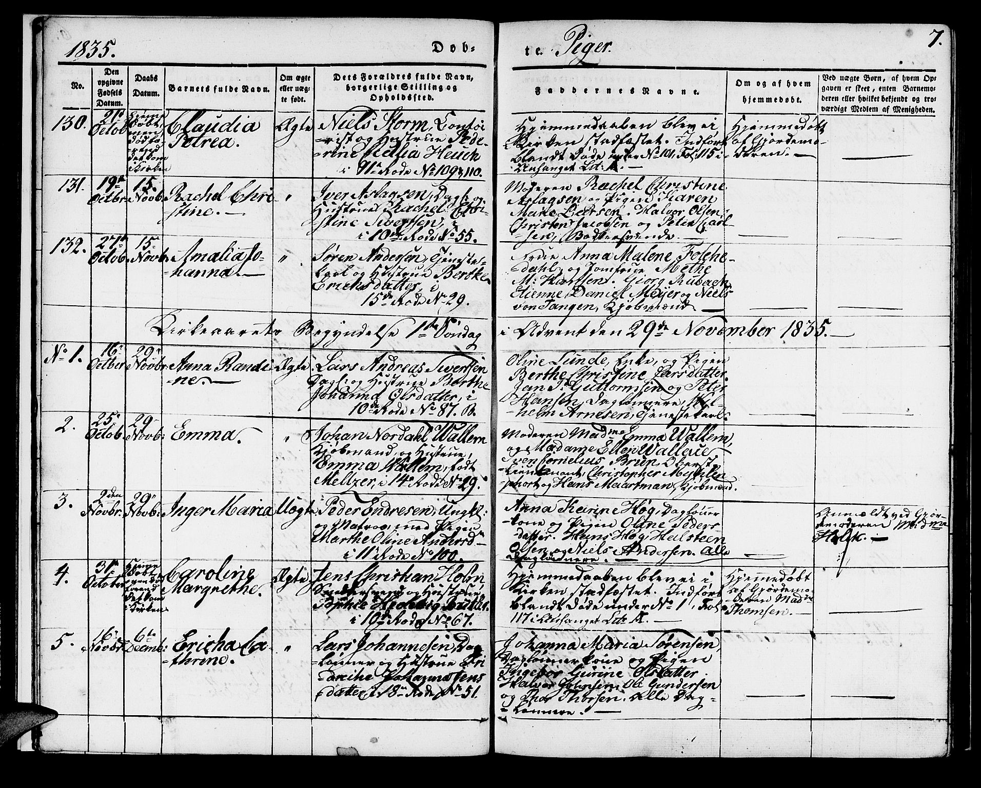 Domkirken sokneprestembete, SAB/A-74801/H/Haa/L0015: Parish register (official) no. A 14, 1835-1840, p. 7