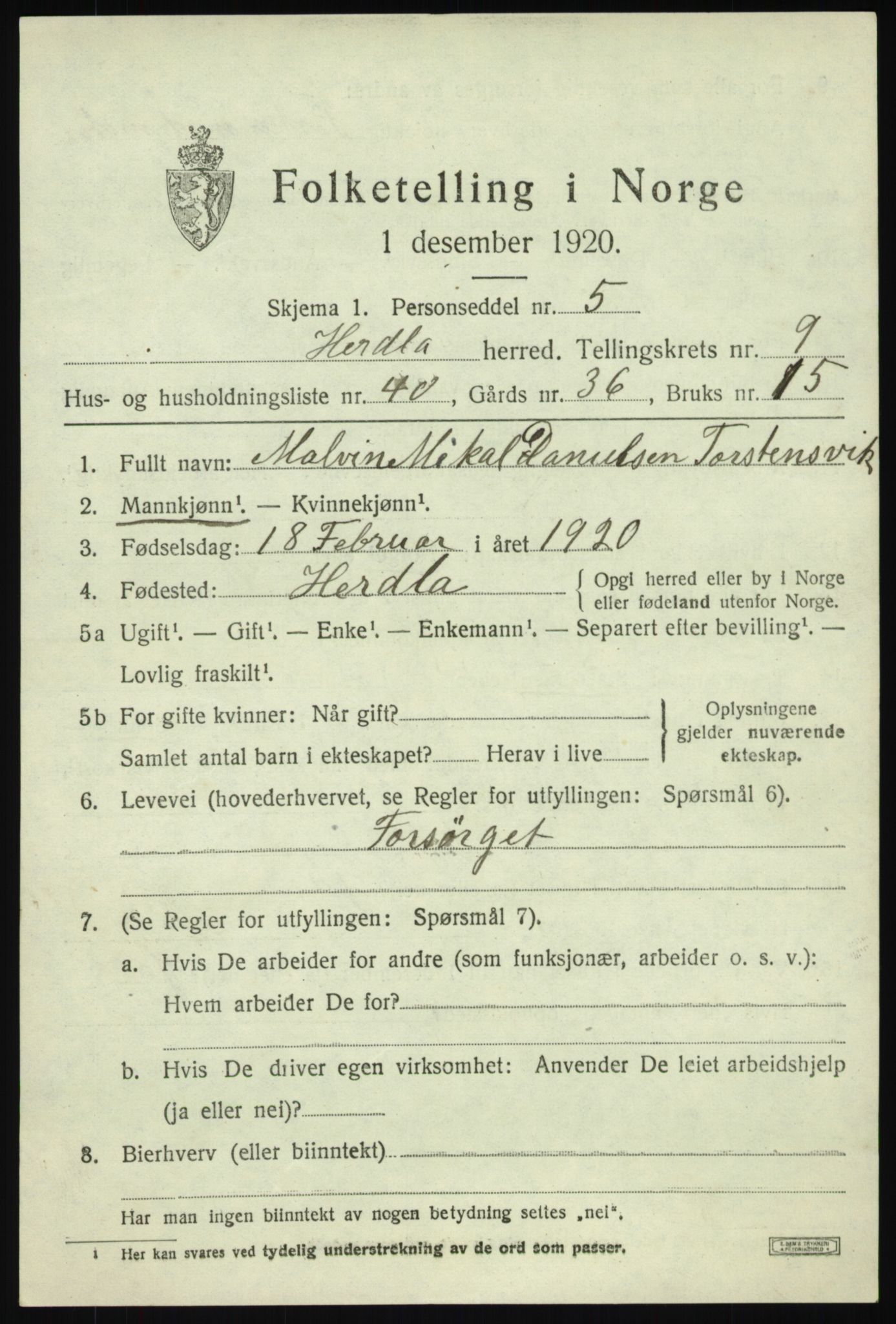 SAB, 1920 census for Herdla, 1920, p. 6853