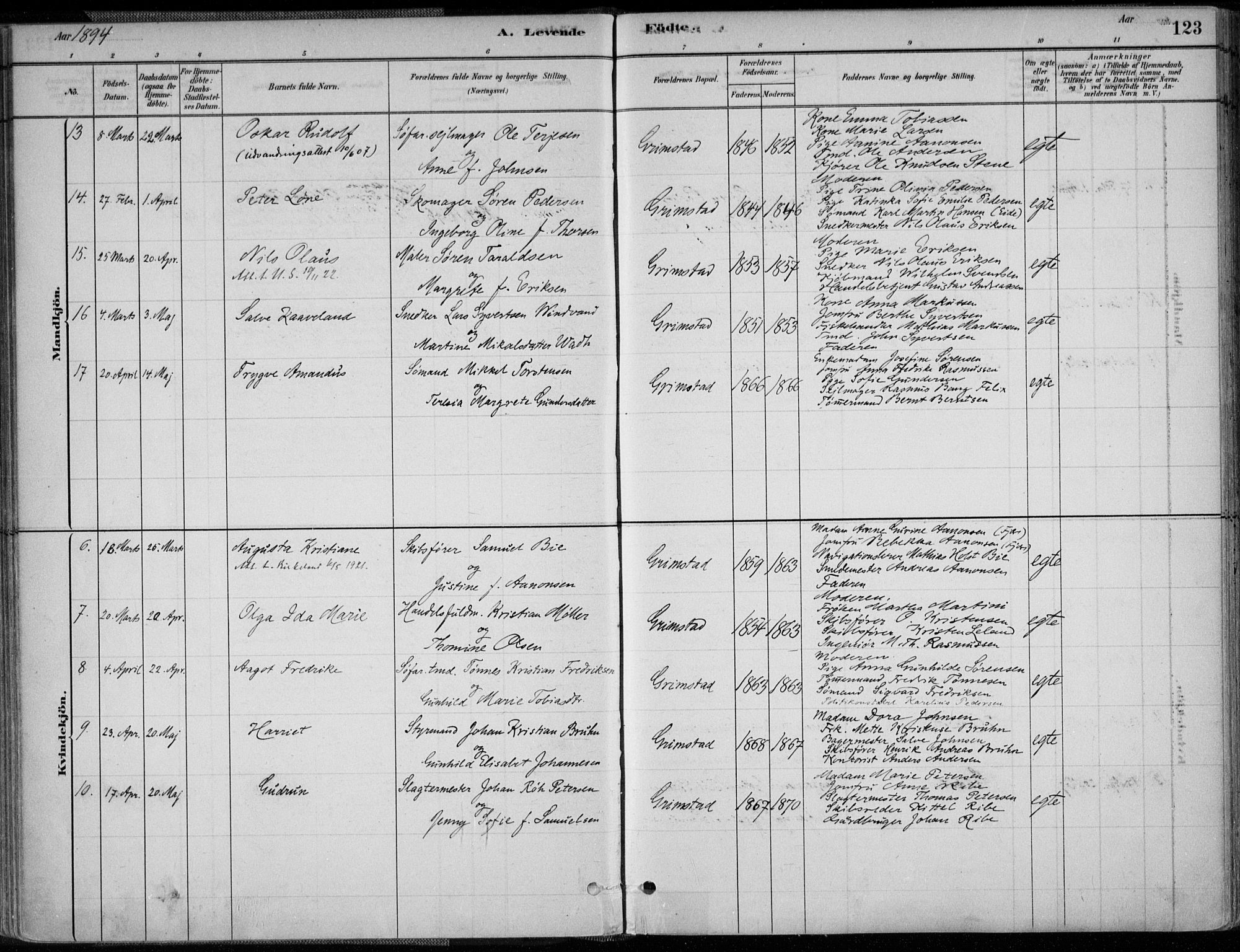 Grimstad sokneprestkontor, AV/SAK-1111-0017/F/Fa/L0003: Parish register (official) no. A 2, 1882-1912, p. 123