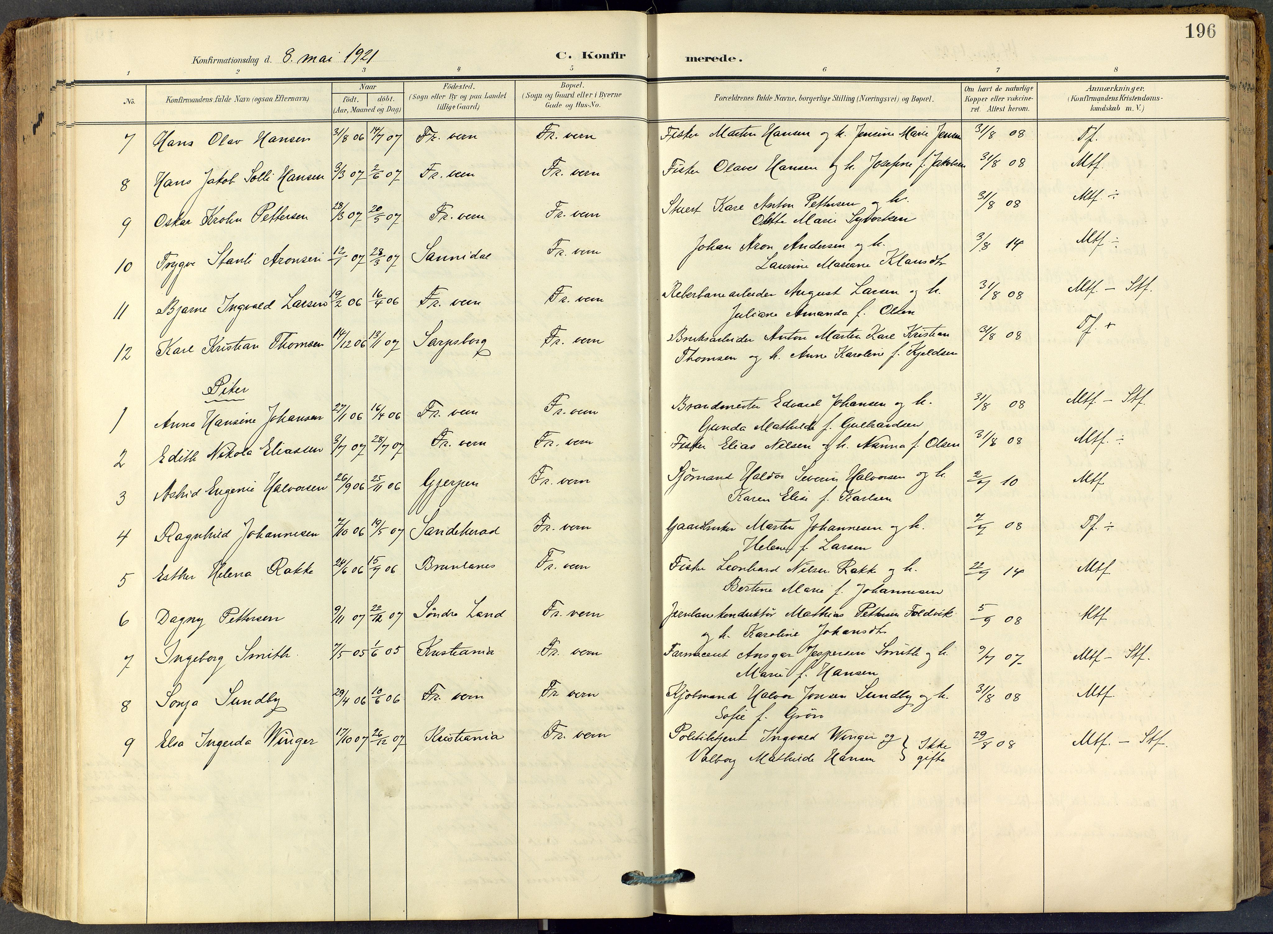 Stavern kirkebøker, SAKO/A-318/F/Fa/L0009: Parish register (official) no. 9, 1906-1955, p. 196