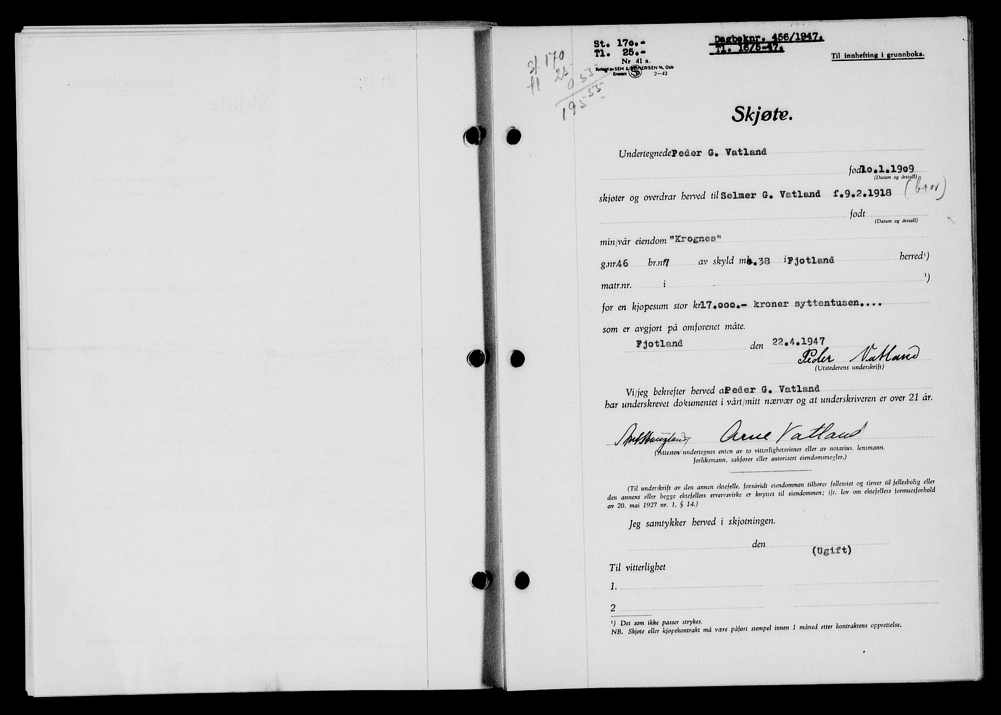 Flekkefjord sorenskriveri, SAK/1221-0001/G/Gb/Gba/L0062: Mortgage book no. A-10, 1947-1947, Diary no: : 456/1947