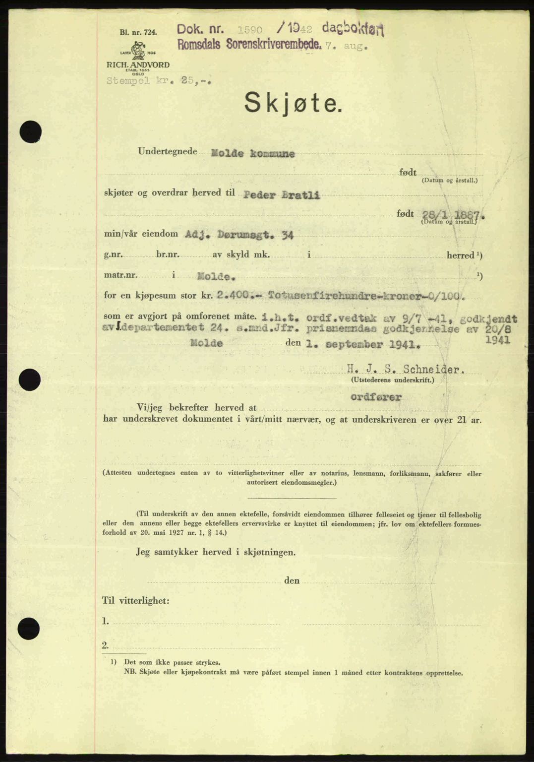 Romsdal sorenskriveri, AV/SAT-A-4149/1/2/2C: Mortgage book no. A12, 1942-1942, Diary no: : 1590/1942