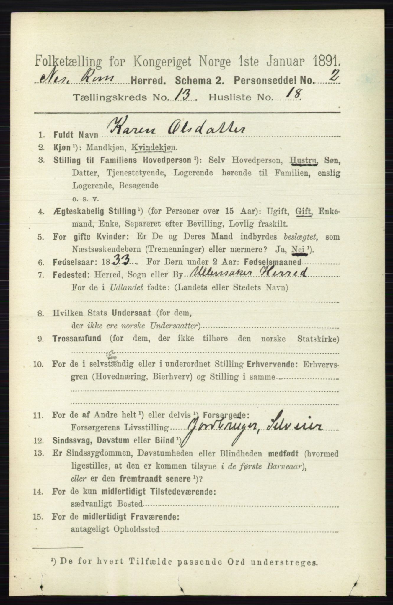 RA, 1891 census for 0236 Nes, 1891, p. 7943
