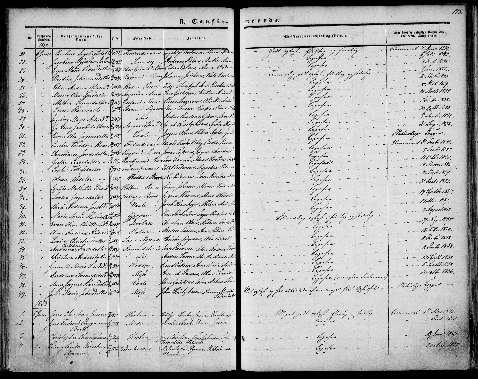 Borre kirkebøker, SAKO/A-338/F/Fa/L0006: Parish register (official) no. I 6, 1852-1862, p. 178