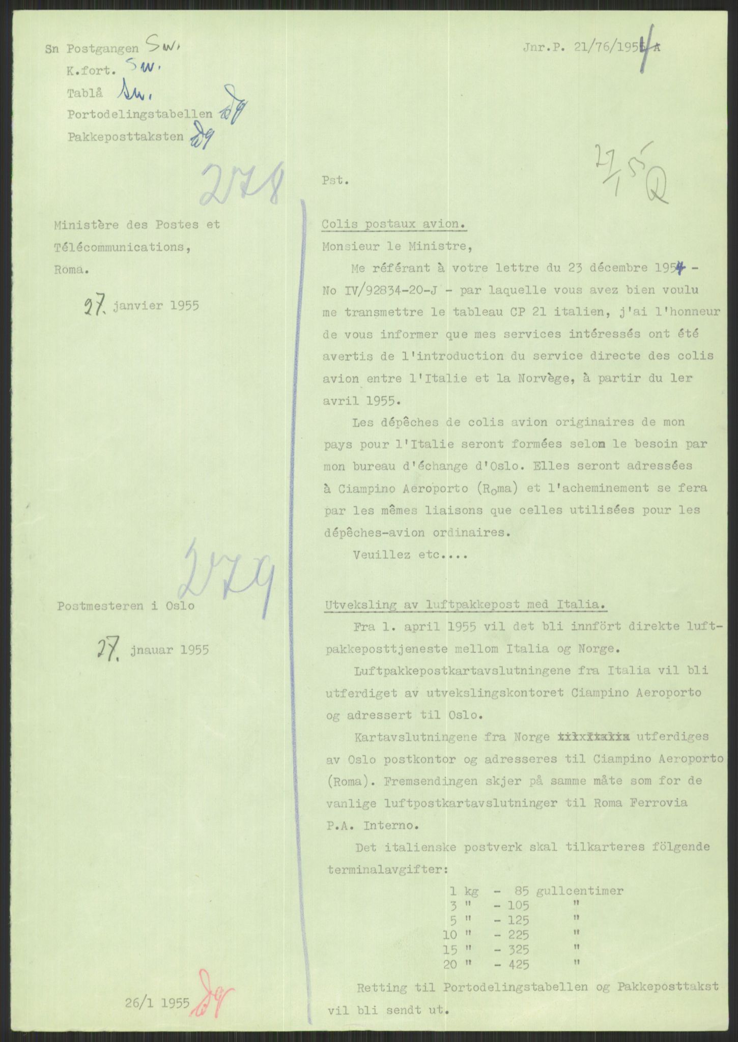 Postdirektoratet, Administrasjonsservice (TSA), RA/S-4783/D/L0095/0002: De forskjellige tjenestegrener / Luftpakkepost, 1947-1965, p. 589