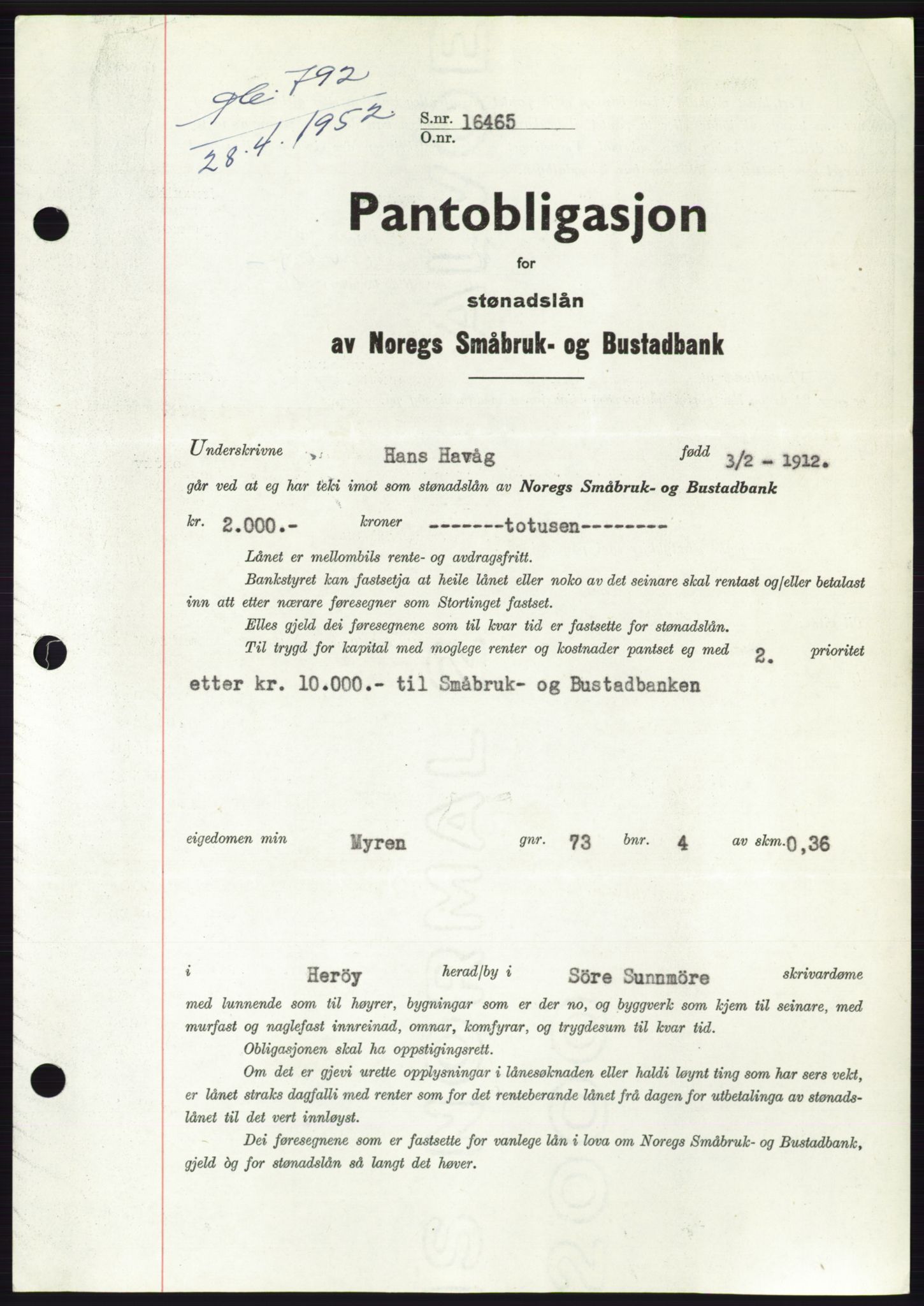 Søre Sunnmøre sorenskriveri, AV/SAT-A-4122/1/2/2C/L0121: Mortgage book no. 9B, 1951-1952, Diary no: : 792/1952