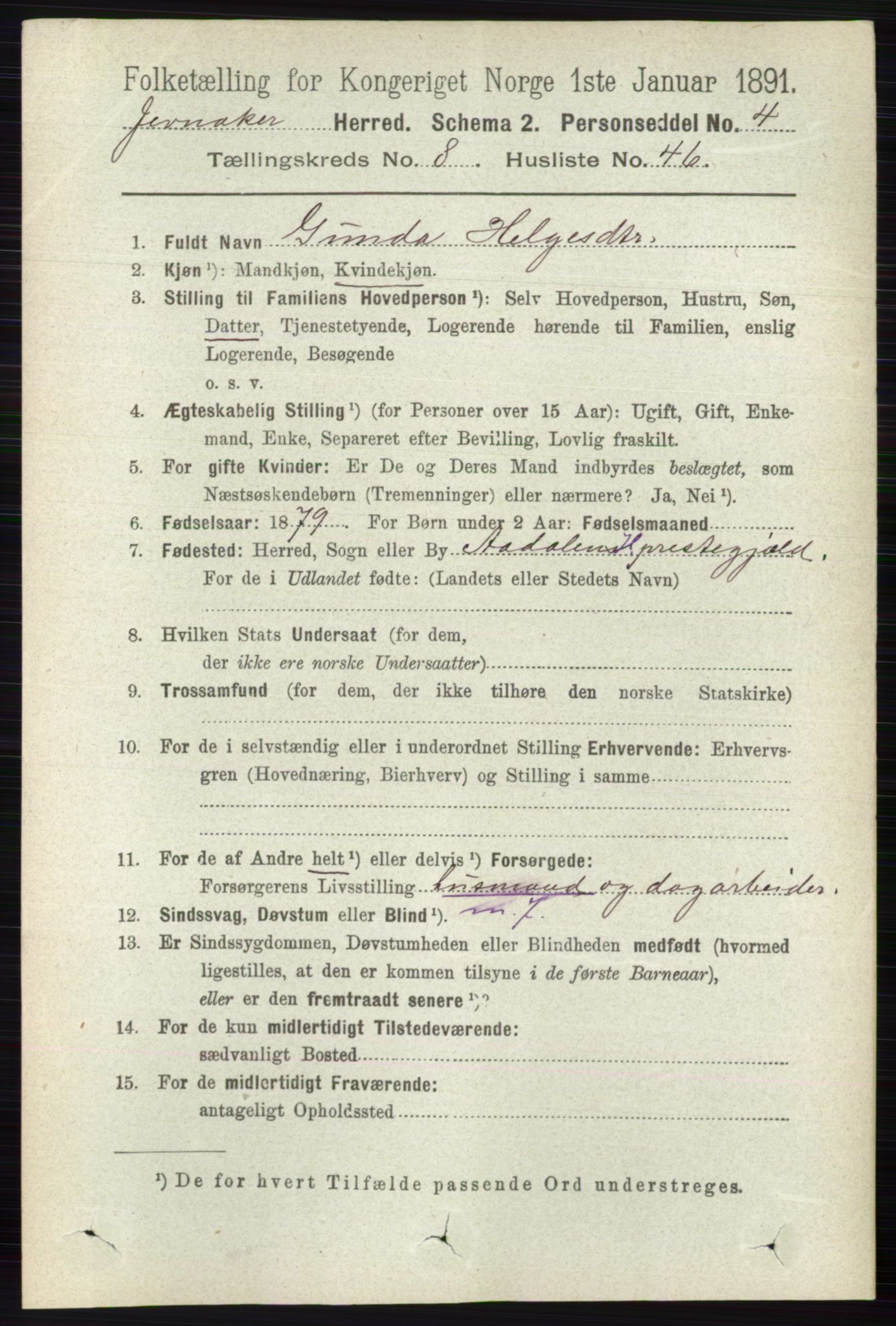 RA, 1891 census for 0532 Jevnaker, 1891, p. 4633