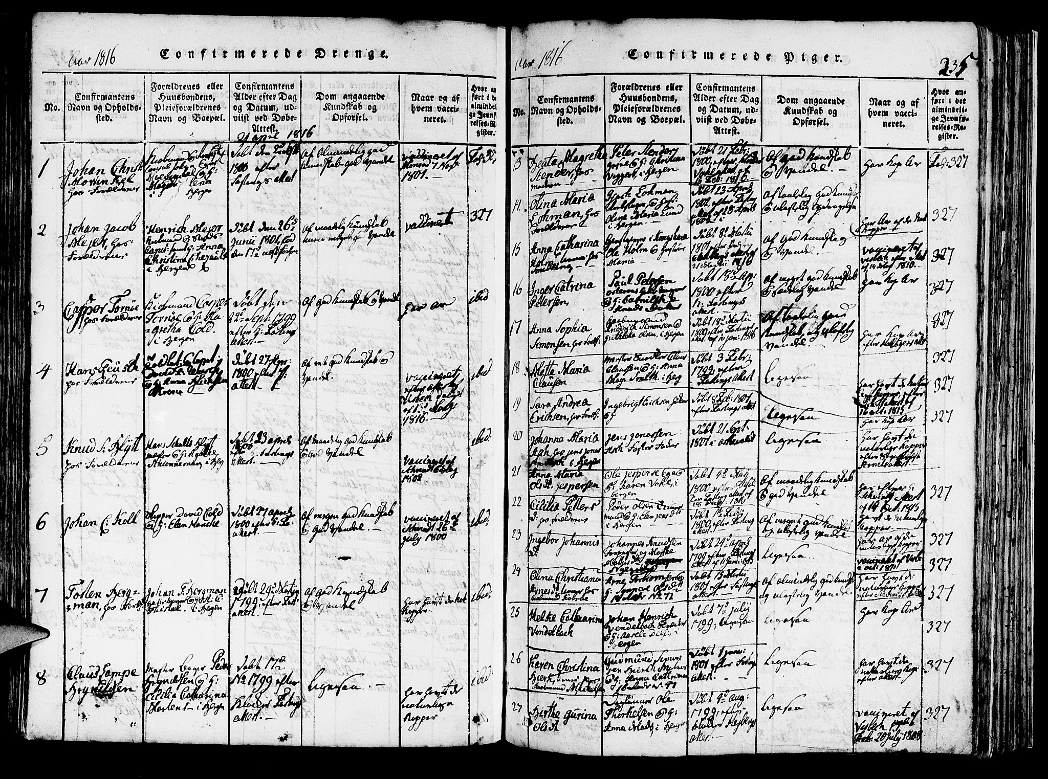 Domkirken sokneprestembete, SAB/A-74801/H/Haa/L0010: Parish register (official) no. A 10, 1816-1821, p. 235
