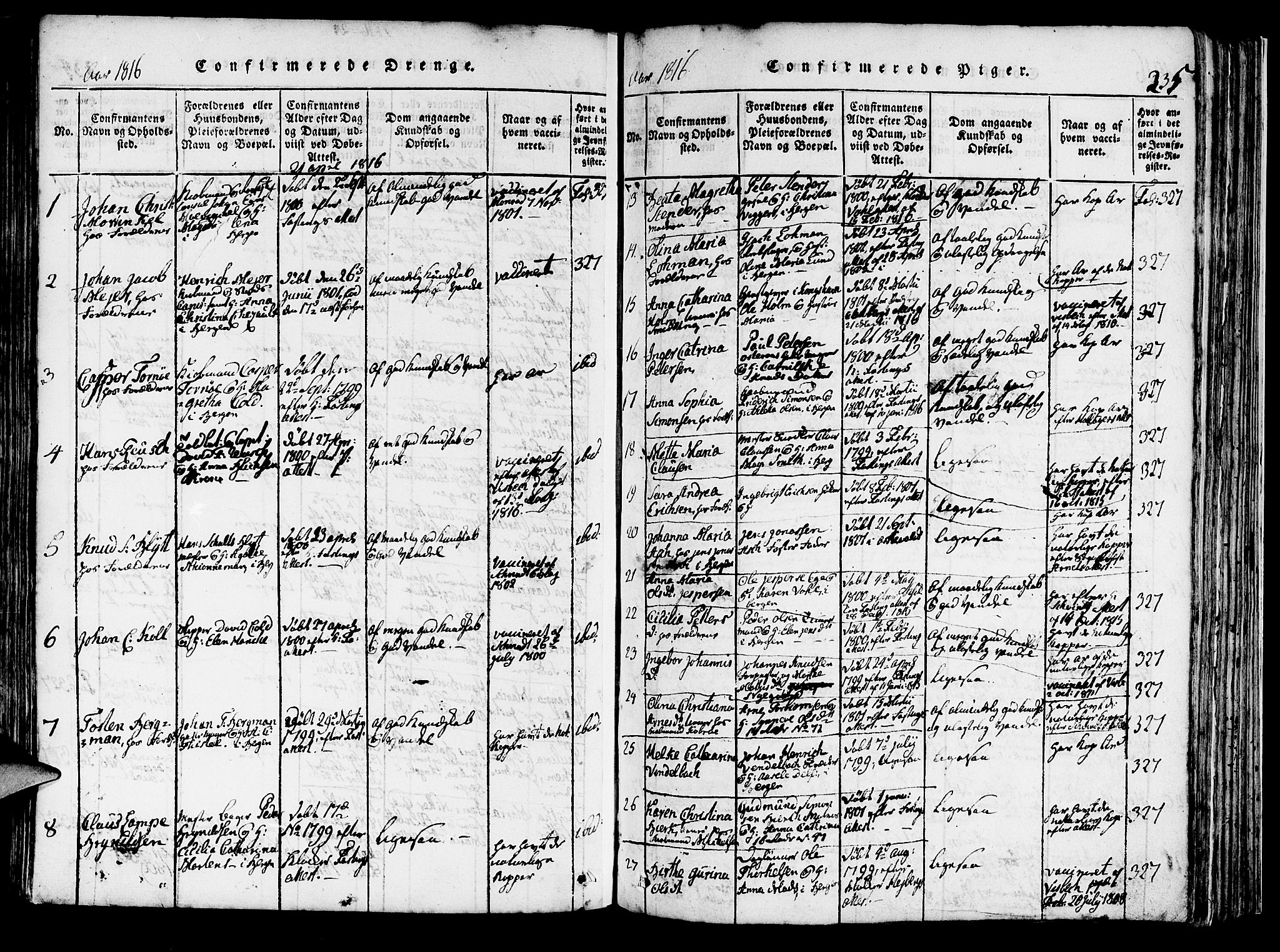 Domkirken sokneprestembete, AV/SAB-A-74801/H/Haa/L0010: Parish register (official) no. A 10, 1816-1821, p. 235