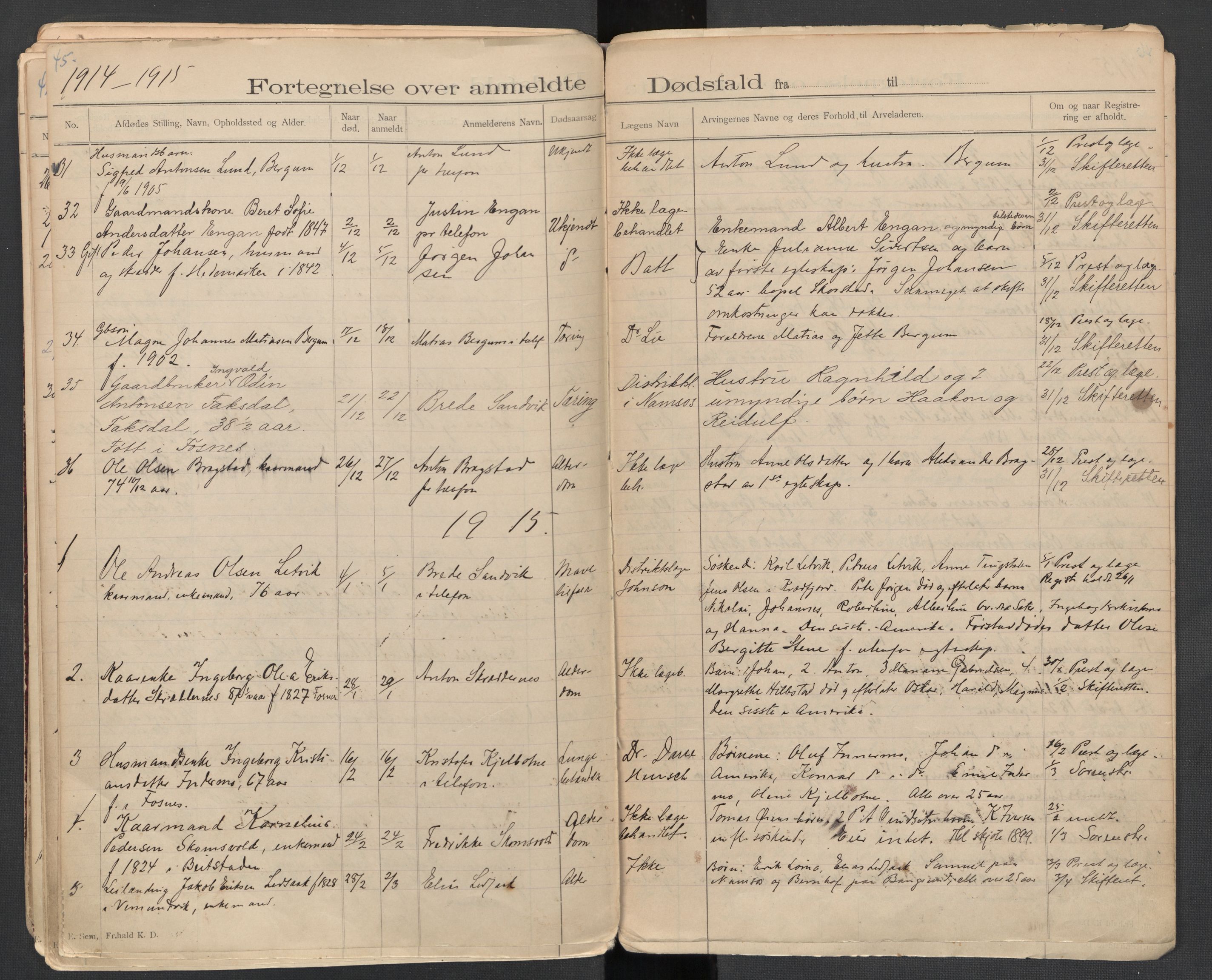 Fosnes lensmannskontor , SAT/A-1022/1/02/L0002: 2.01.02 Døsfallsjournal, 1897-1917, p. 45