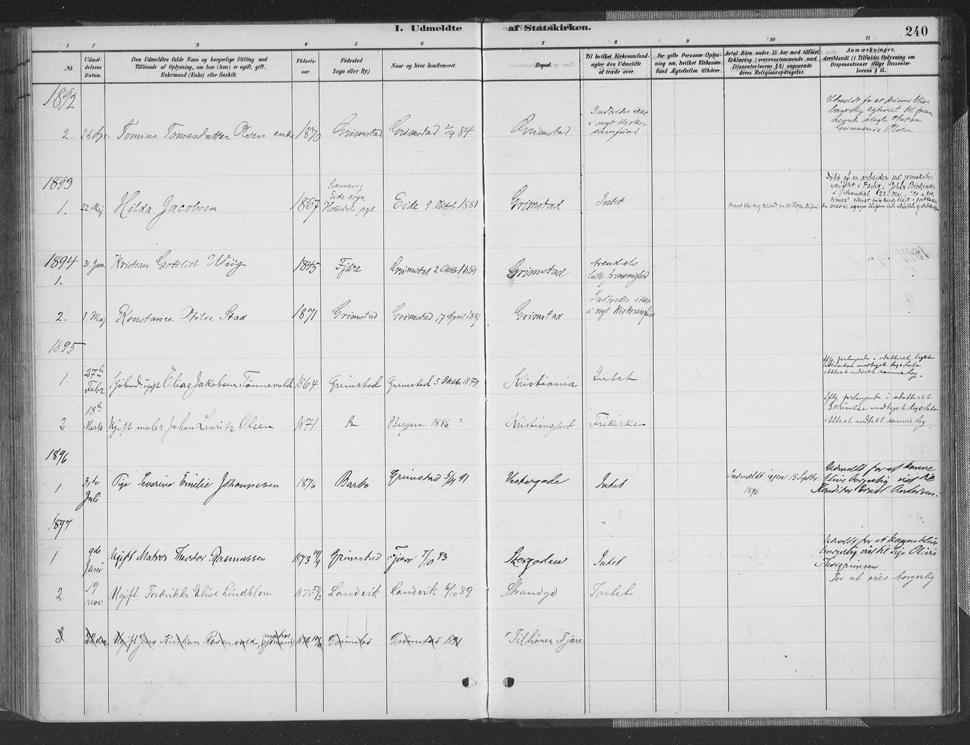 Grimstad sokneprestkontor, SAK/1111-0017/F/Fa/L0004: Parish register (official) no. A 3, 1882-1910, p. 240