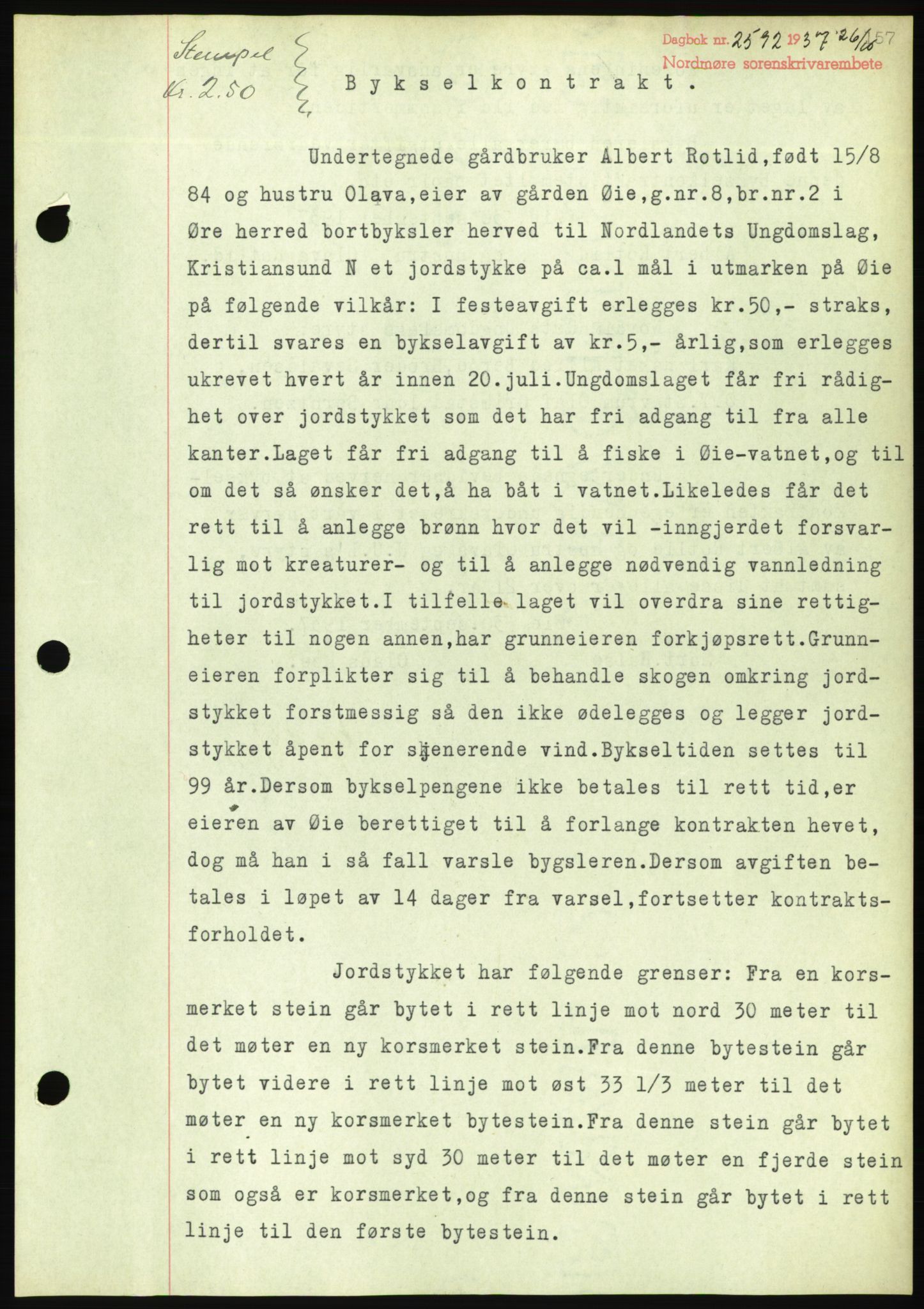 Nordmøre sorenskriveri, AV/SAT-A-4132/1/2/2Ca/L0092: Mortgage book no. B82, 1937-1938, Diary no: : 2592/1937