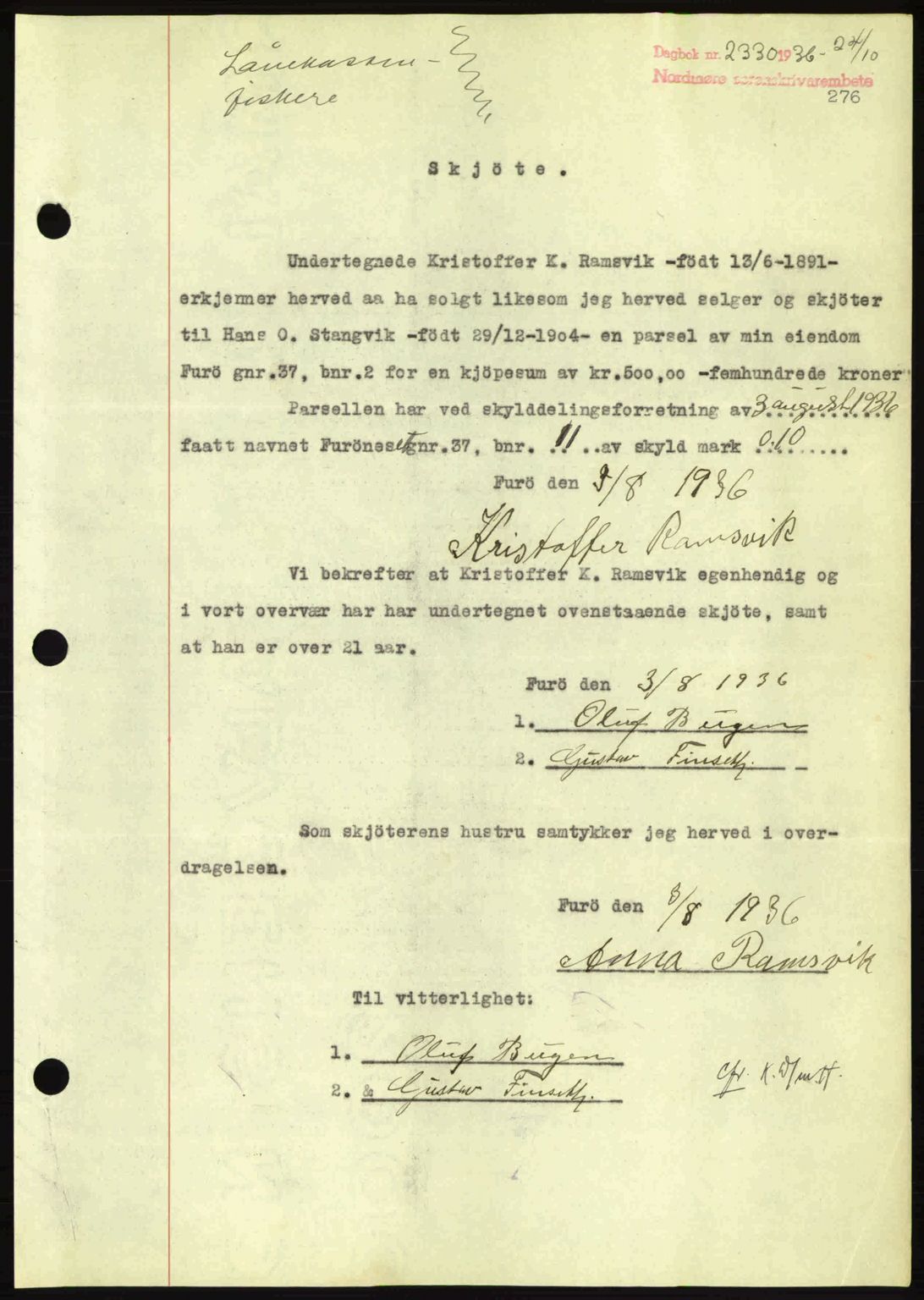 Nordmøre sorenskriveri, AV/SAT-A-4132/1/2/2Ca: Mortgage book no. A80, 1936-1937, Diary no: : 2330/1936