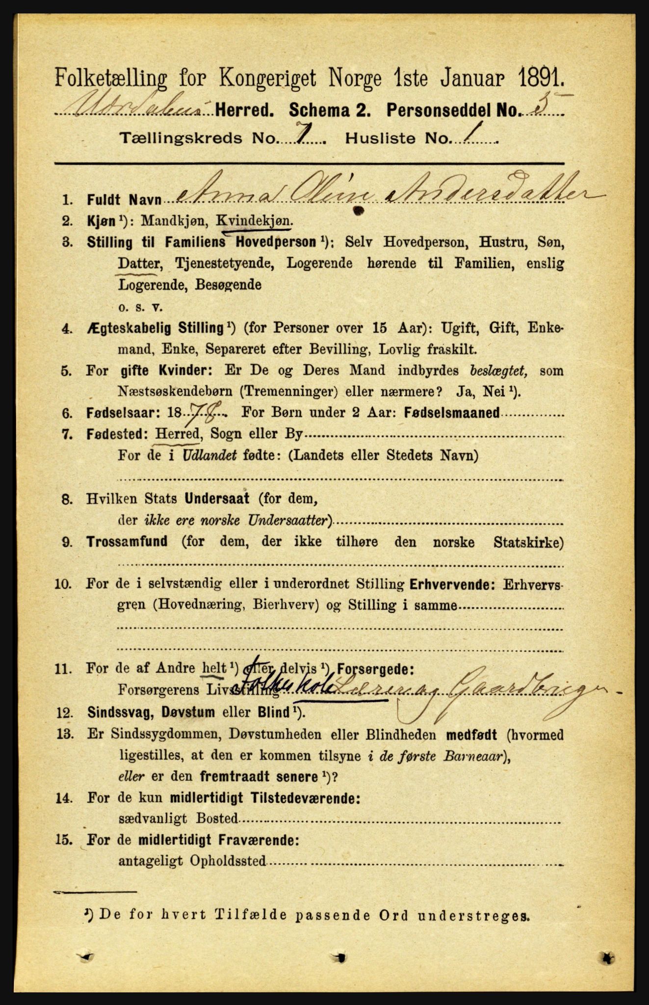 RA, 1891 census for 1721 Verdal, 1891, p. 3987