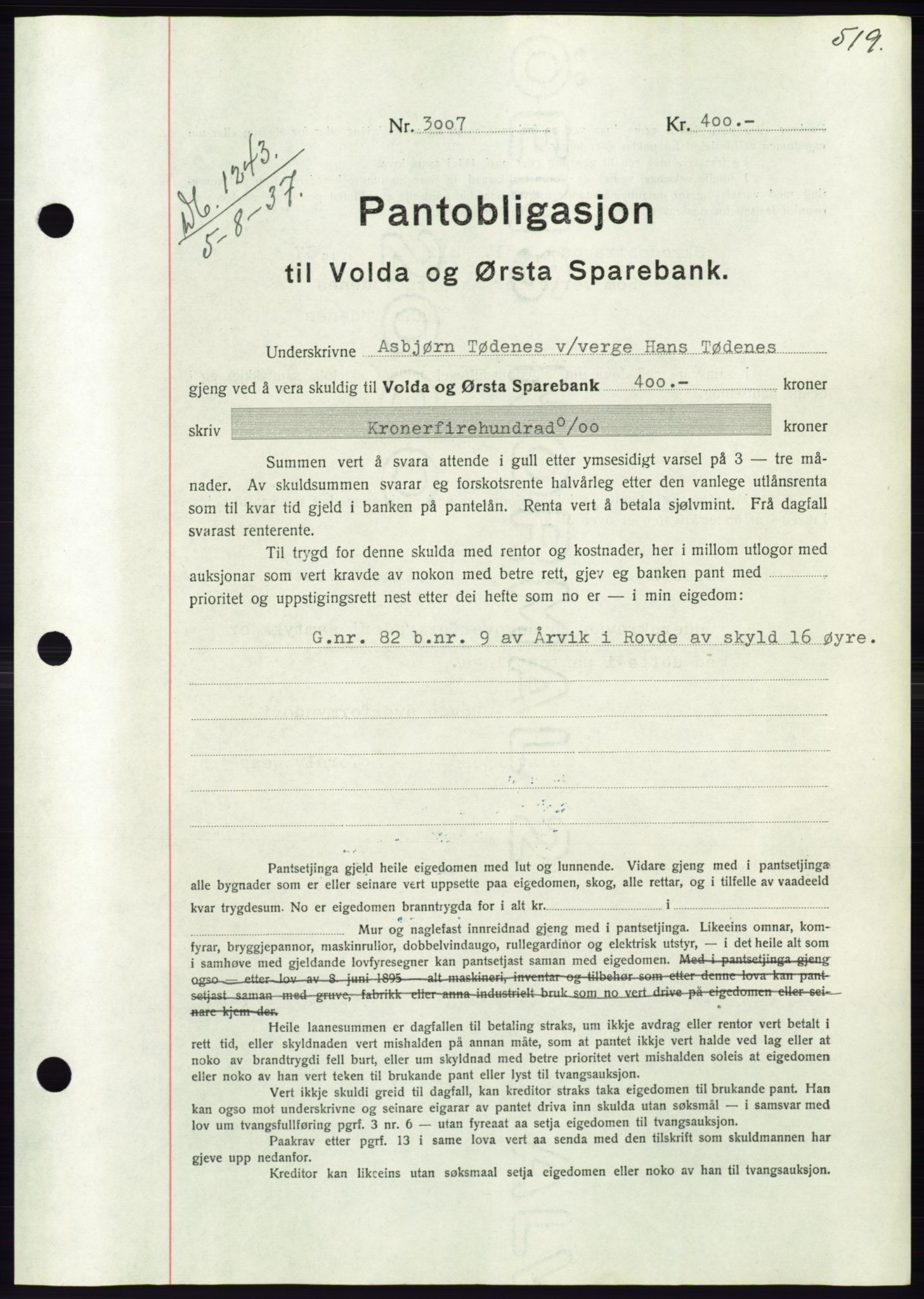 Søre Sunnmøre sorenskriveri, AV/SAT-A-4122/1/2/2C/L0063: Mortgage book no. 57, 1937-1937, Diary no: : 1243/1937