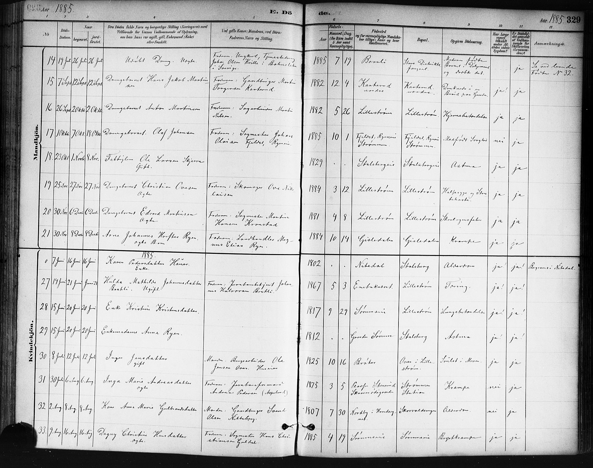 Skedsmo prestekontor Kirkebøker, SAO/A-10033a/G/Ga/L0004: Parish register (copy) no. I 4, 1883-1895, p. 329