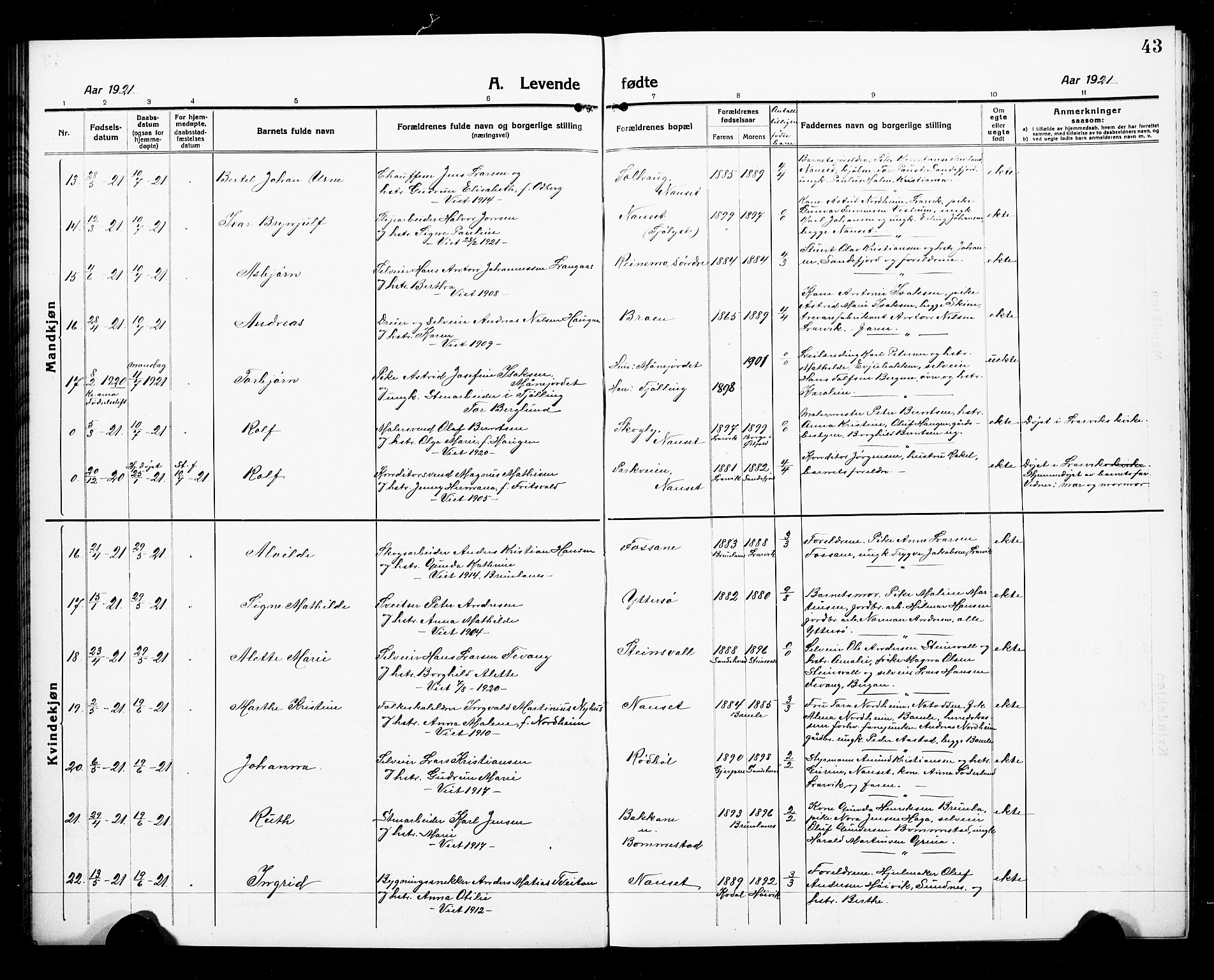 Hedrum kirkebøker, AV/SAKO-A-344/G/Ga/L0005: Parish register (copy) no. I 5, 1916-1930, p. 43