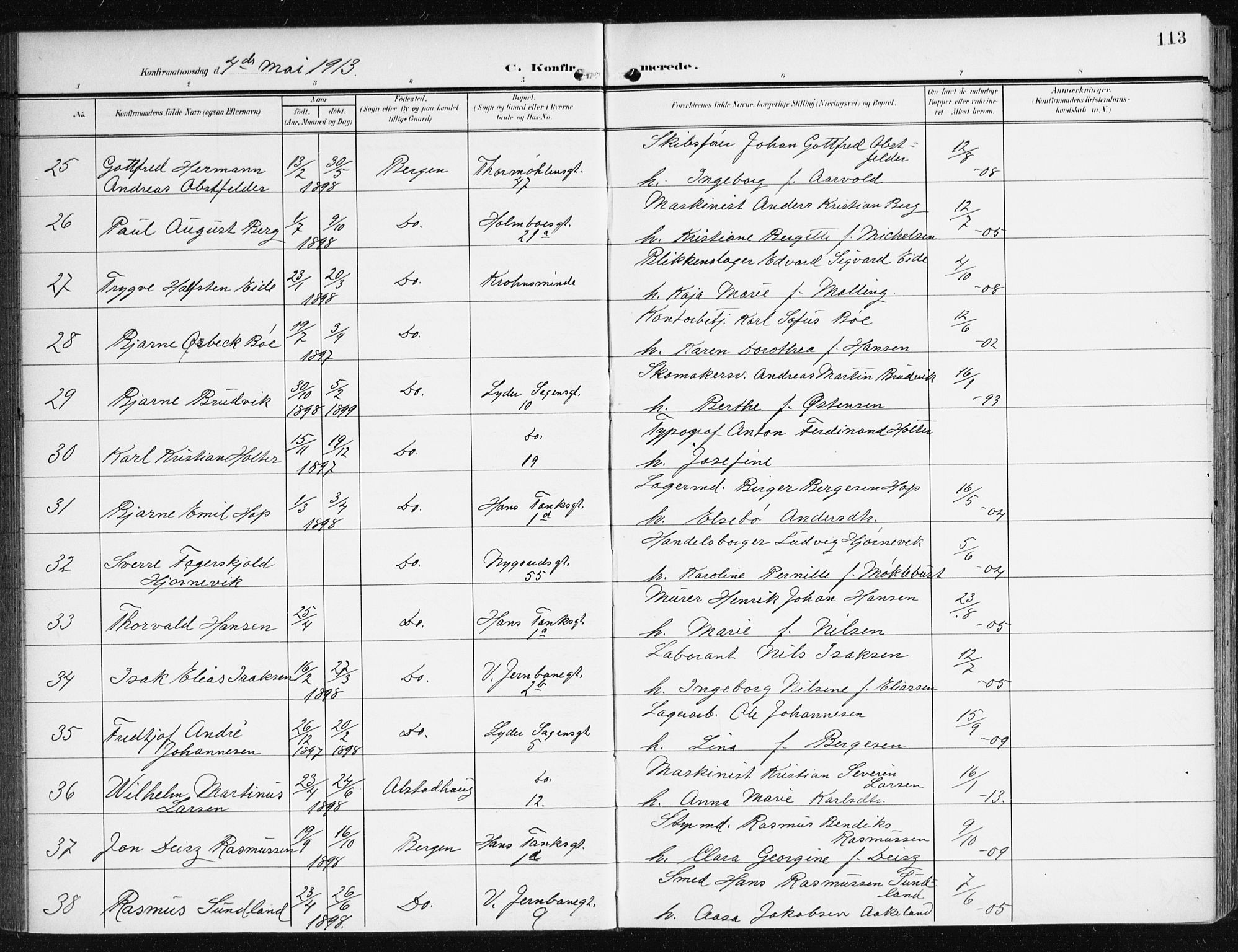 Johanneskirken sokneprestembete, AV/SAB-A-76001/H/Haa/L0009: Parish register (official) no. C 2, 1907-1924, p. 113