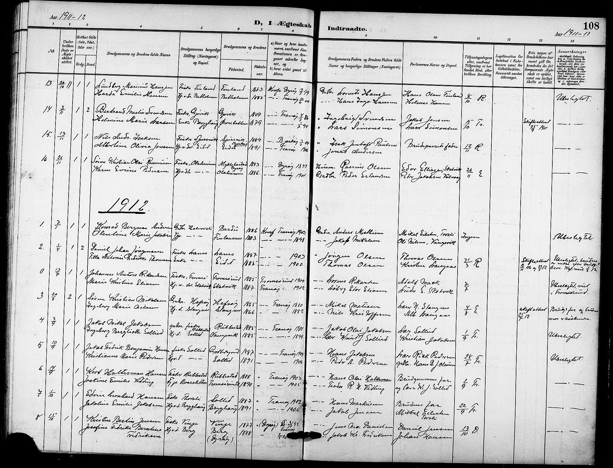 Tranøy sokneprestkontor, AV/SATØ-S-1313/I/Ia/Iab/L0005klokker: Parish register (copy) no. 5, 1902-1919, p. 108