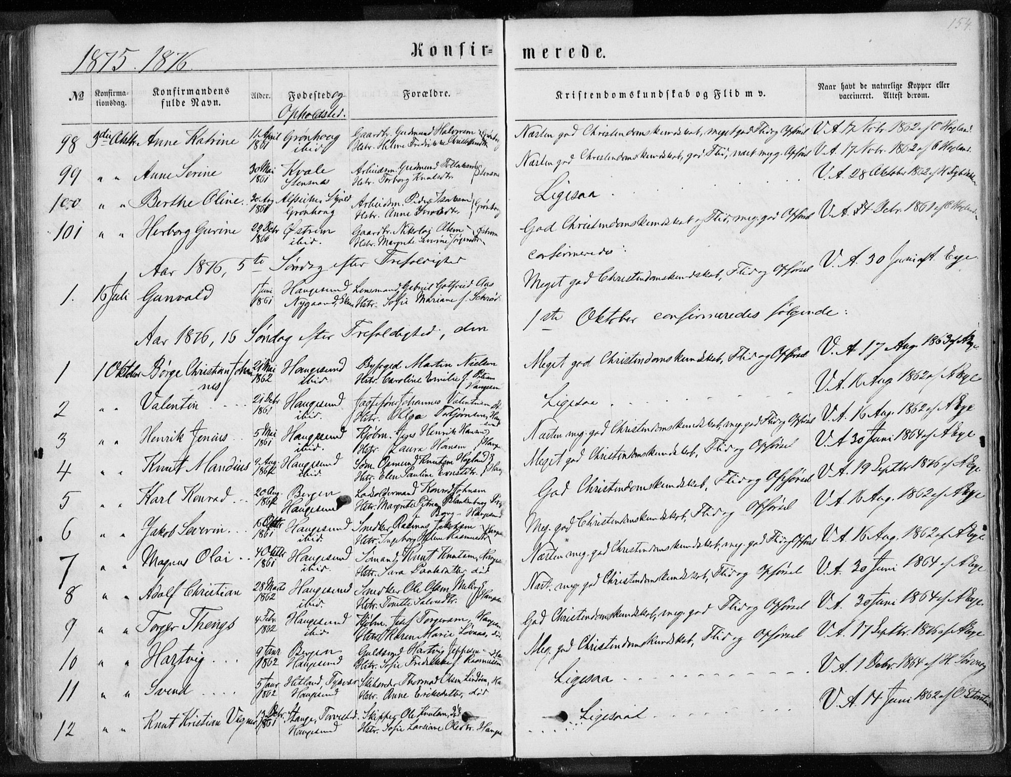 Torvastad sokneprestkontor, AV/SAST-A -101857/H/Ha/Haa/L0012: Parish register (official) no. A 12.1, 1867-1877, p. 154