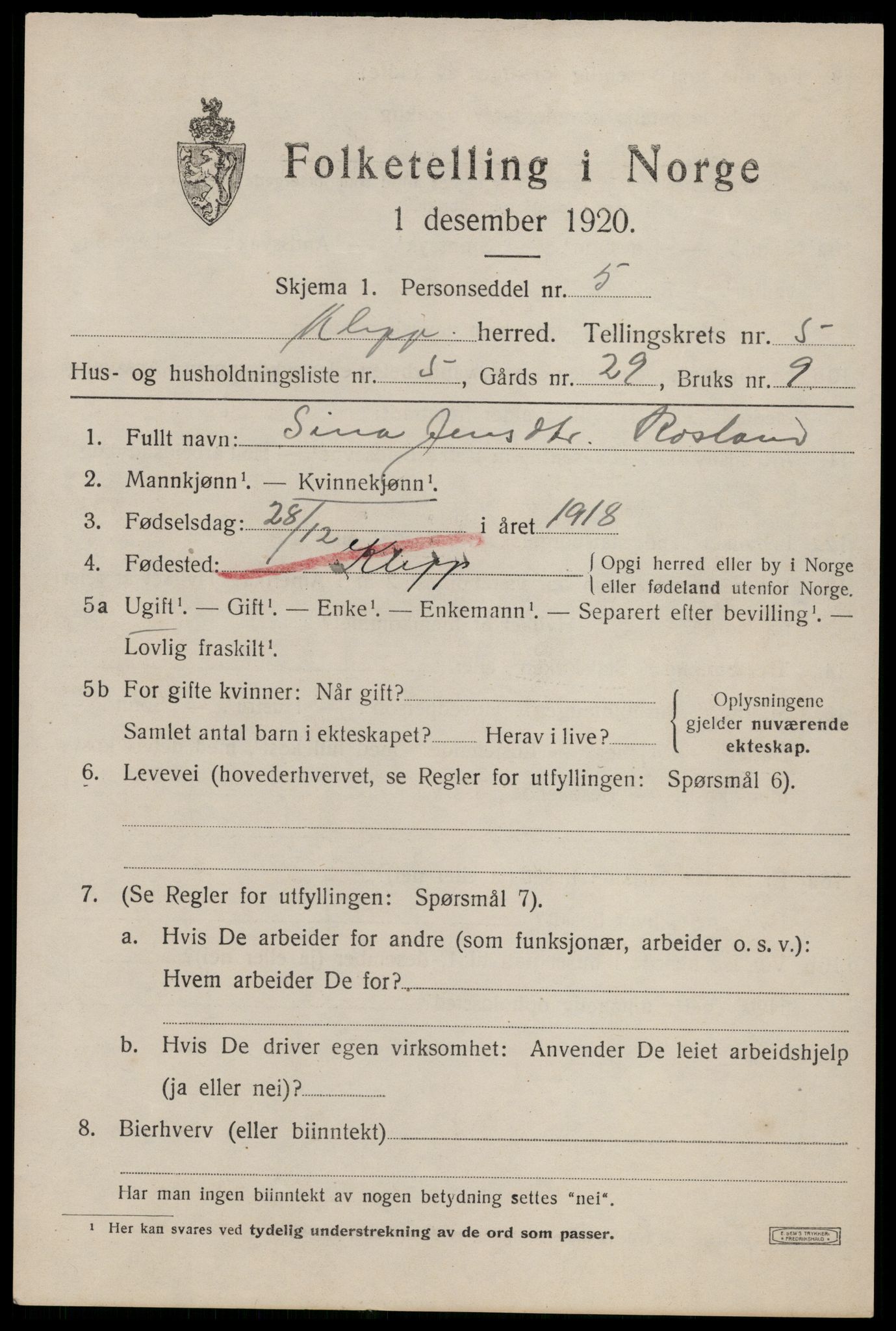 SAST, 1920 census for Klepp, 1920, p. 5392