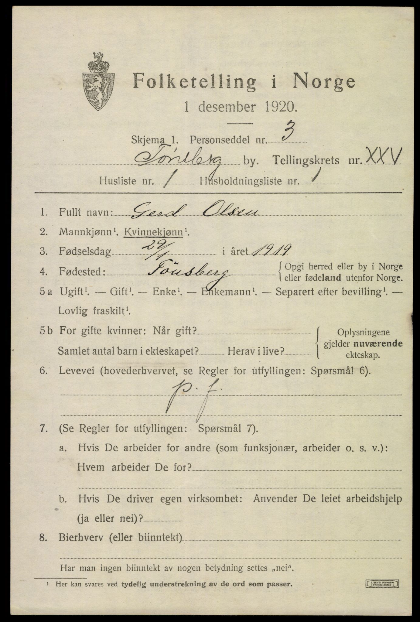 SAKO, 1920 census for Tønsberg, 1920, p. 34285