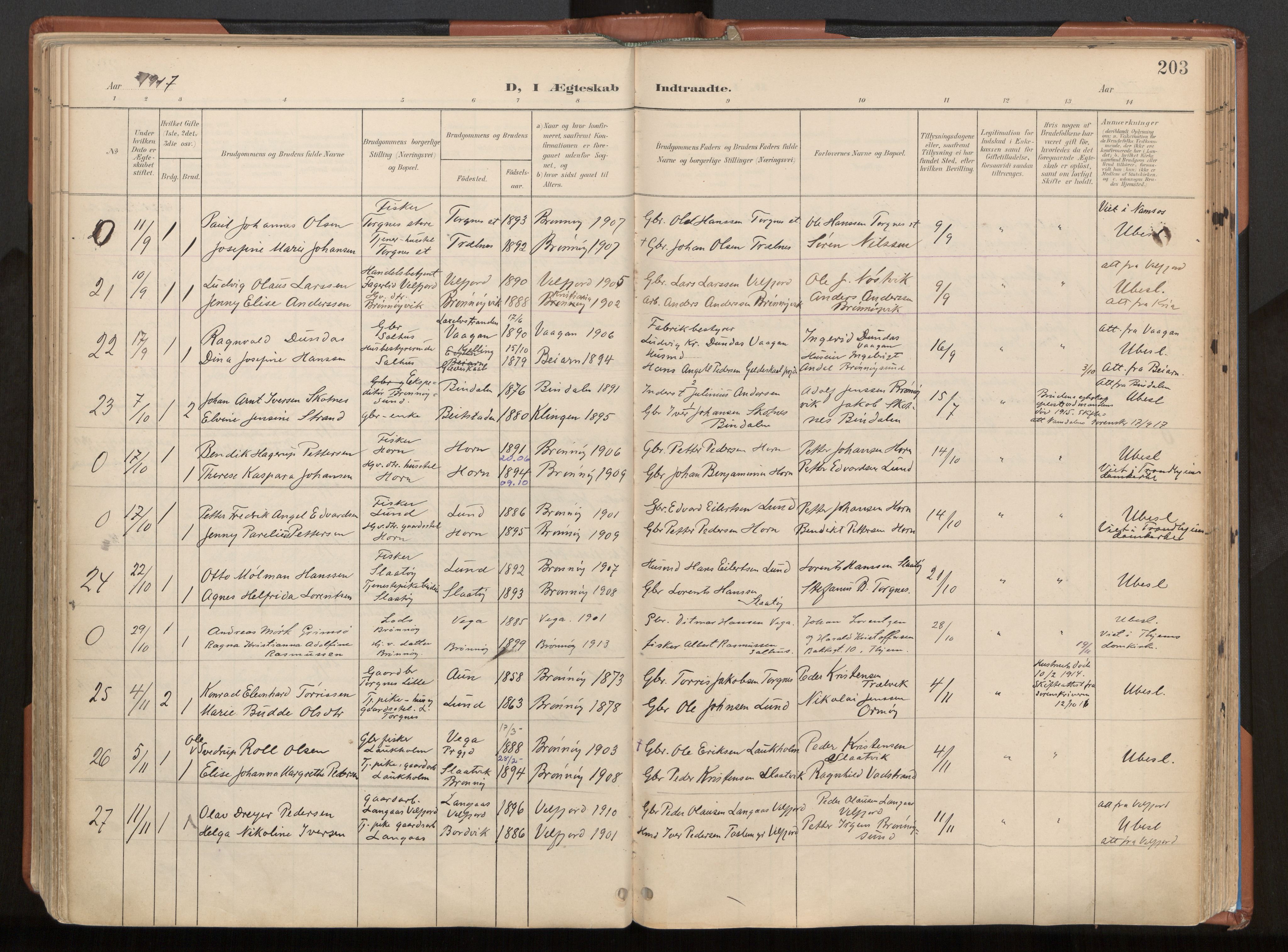 Ministerialprotokoller, klokkerbøker og fødselsregistre - Nordland, SAT/A-1459/813/L0201: Parish register (official) no. 813A11, 1901-1918, p. 203