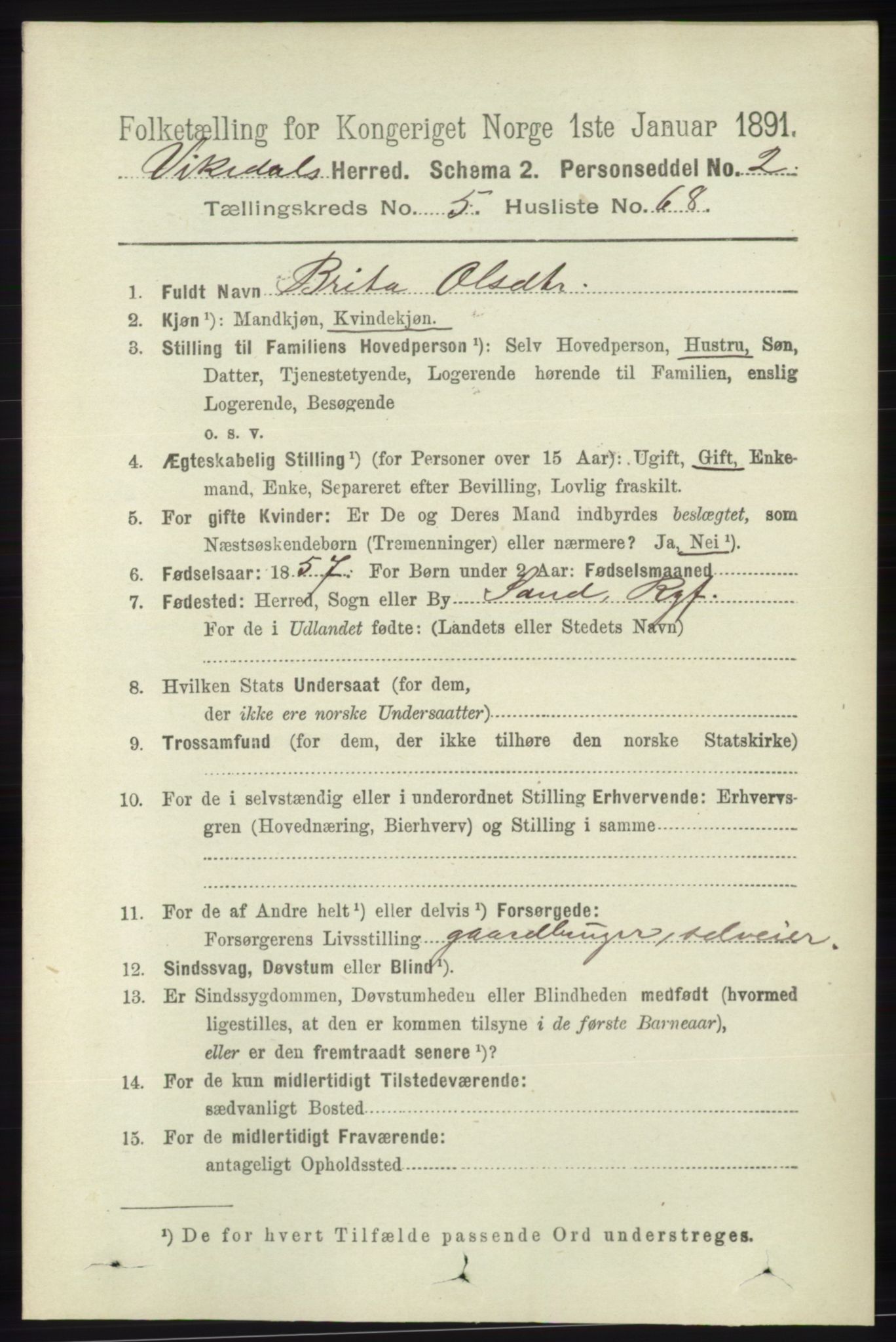 RA, 1891 census for 1157 Vikedal, 1891, p. 1472