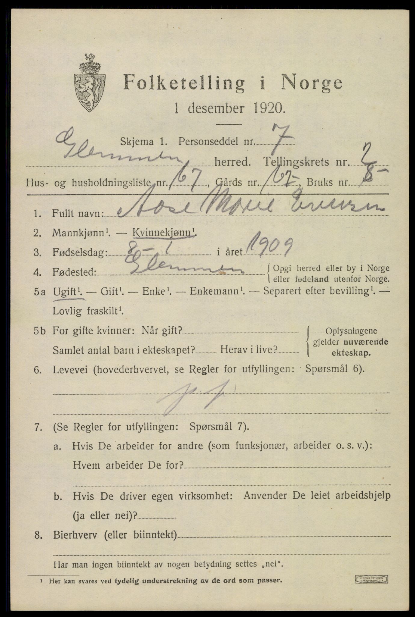 SAO, 1920 census for Glemmen, 1920, p. 5143