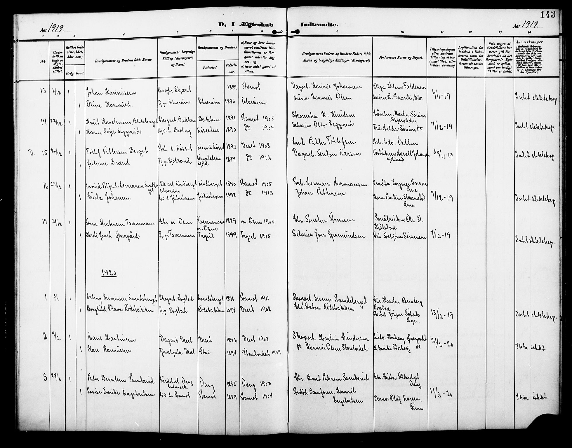 Åmot prestekontor, Hedmark, SAH/PREST-056/H/Ha/Hab/L0004: Parish register (copy) no. 4, 1905-1920, p. 143