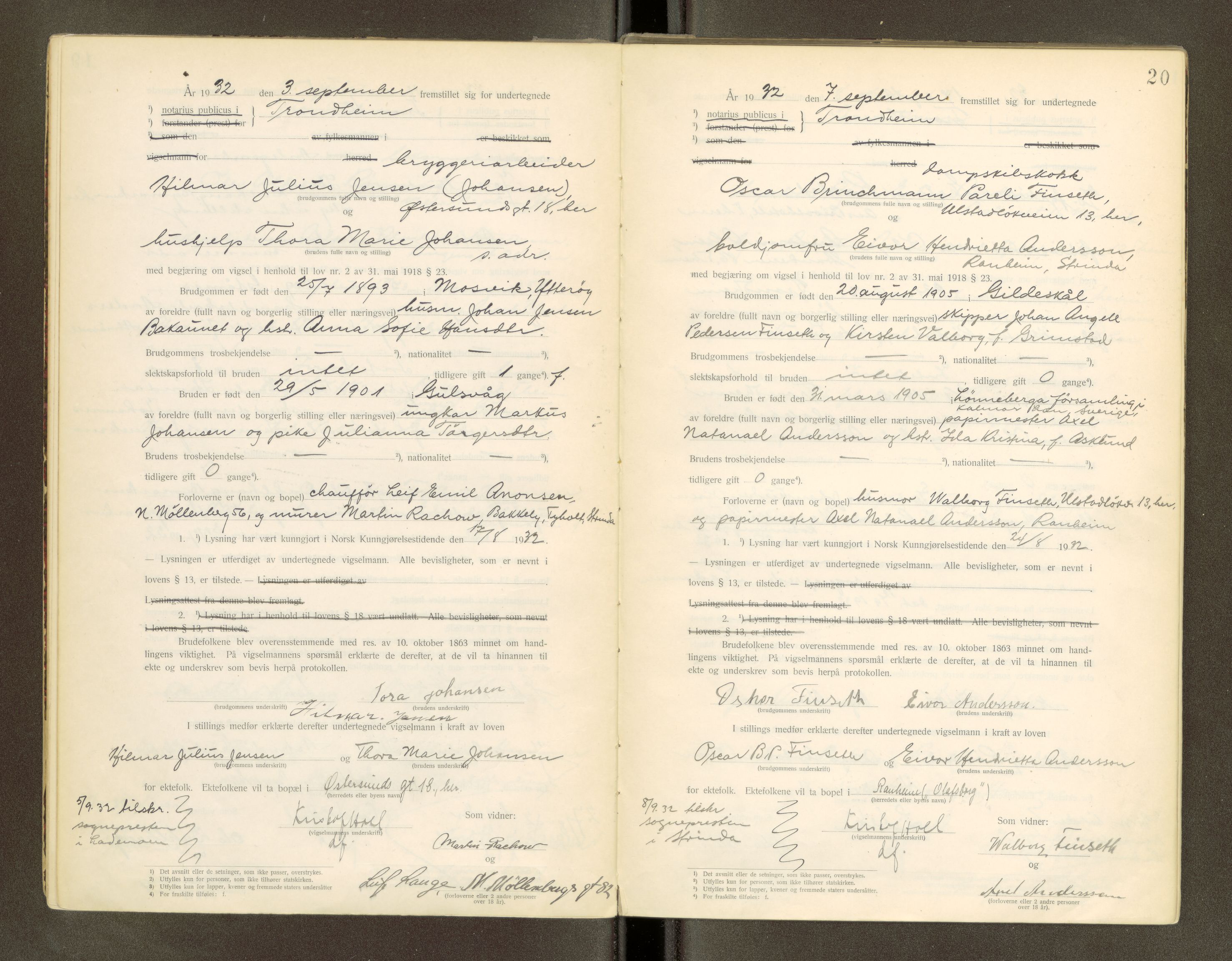 Trondheim byfogd, AV/SAT-A-0003/1/6/6D/L0001: Vigselbøker, 1920-1937, p. 20