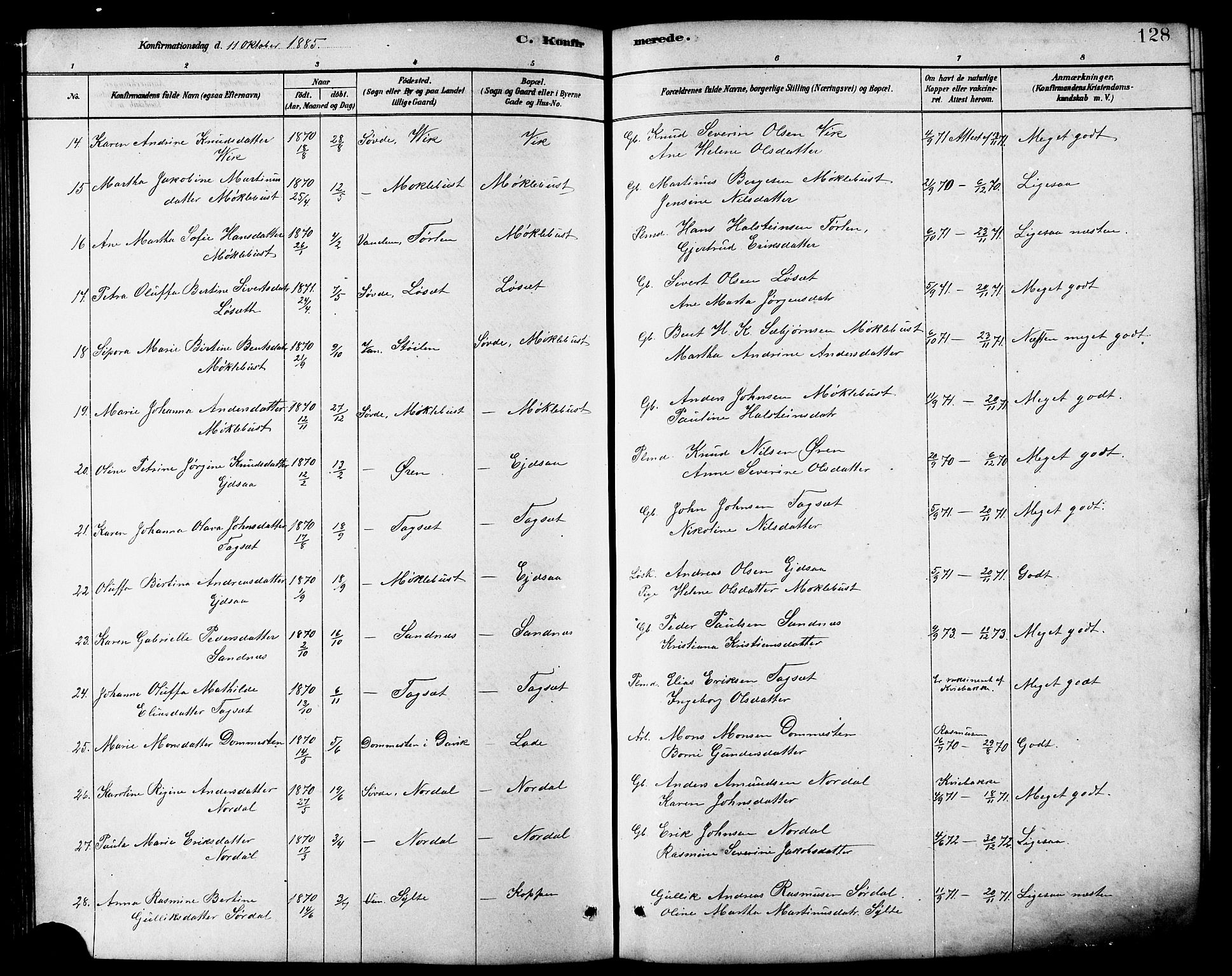 Ministerialprotokoller, klokkerbøker og fødselsregistre - Møre og Romsdal, AV/SAT-A-1454/502/L0027: Parish register (copy) no. 502C01, 1878-1908, p. 128