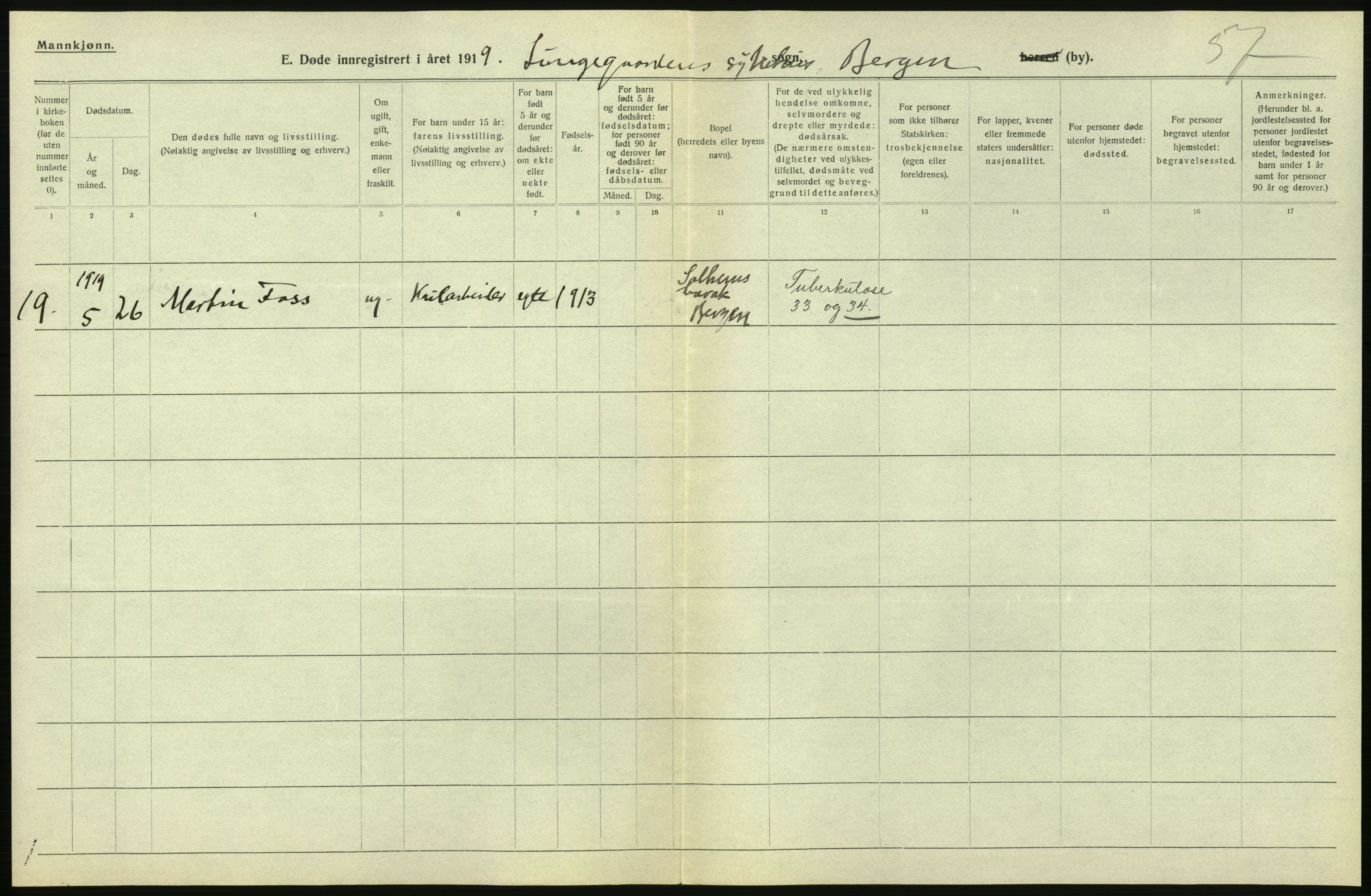 Statistisk sentralbyrå, Sosiodemografiske emner, Befolkning, RA/S-2228/D/Df/Dfb/Dfbi/L0035: Bergen: Gifte, døde, dødfødte., 1919, p. 432