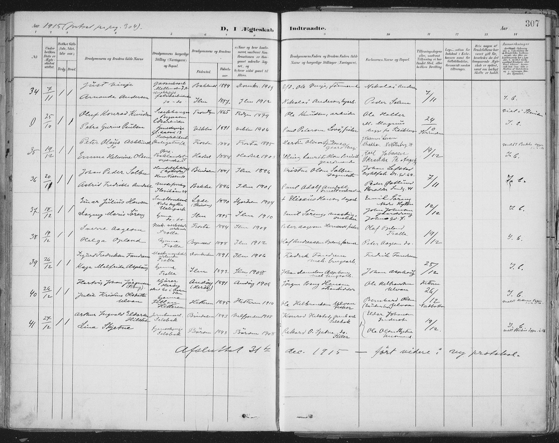 Ministerialprotokoller, klokkerbøker og fødselsregistre - Sør-Trøndelag, SAT/A-1456/603/L0167: Parish register (official) no. 603A06, 1896-1932, p. 307