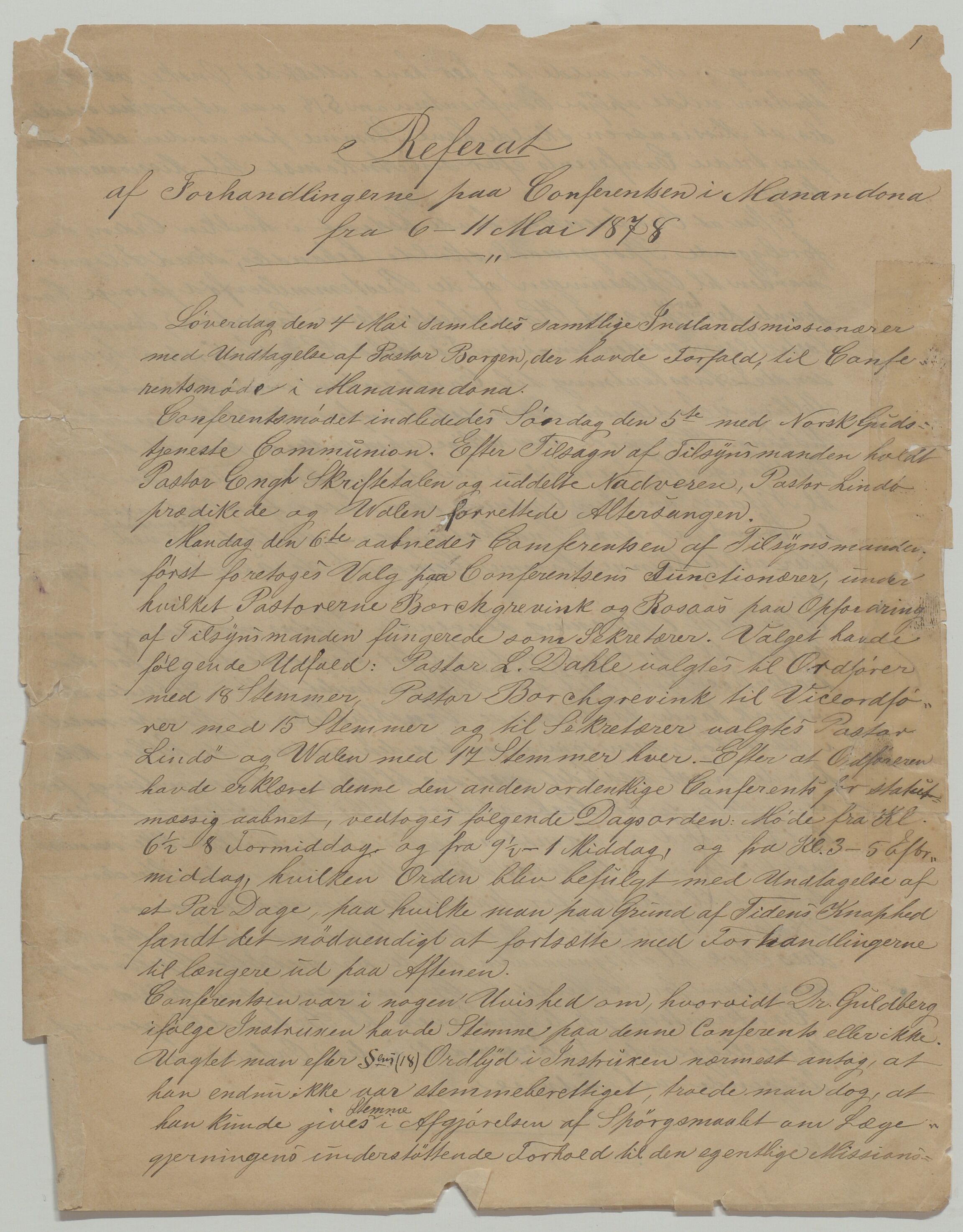 Det Norske Misjonsselskap - hovedadministrasjonen, VID/MA-A-1045/D/Da/Daa/L0035/0005: Konferansereferat og årsberetninger / Konferansereferat fra Madagaskar Innland., 1878, p. 1
