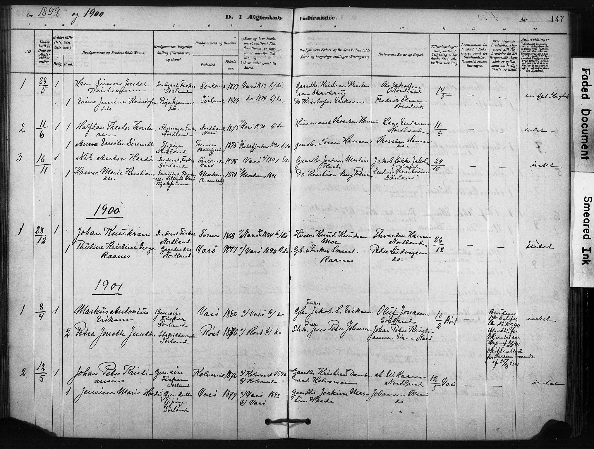 Ministerialprotokoller, klokkerbøker og fødselsregistre - Nordland, AV/SAT-A-1459/807/L0122: Parish register (official) no. 807A05, 1880-1902, p. 147