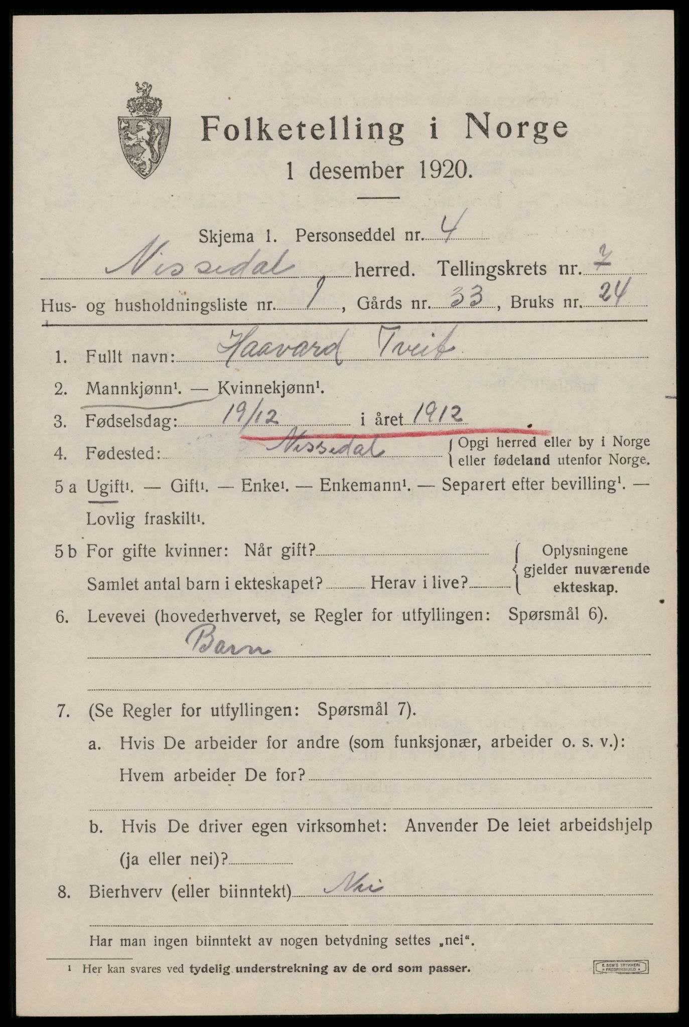 SAKO, 1920 census for Nissedal, 1920, p. 2479