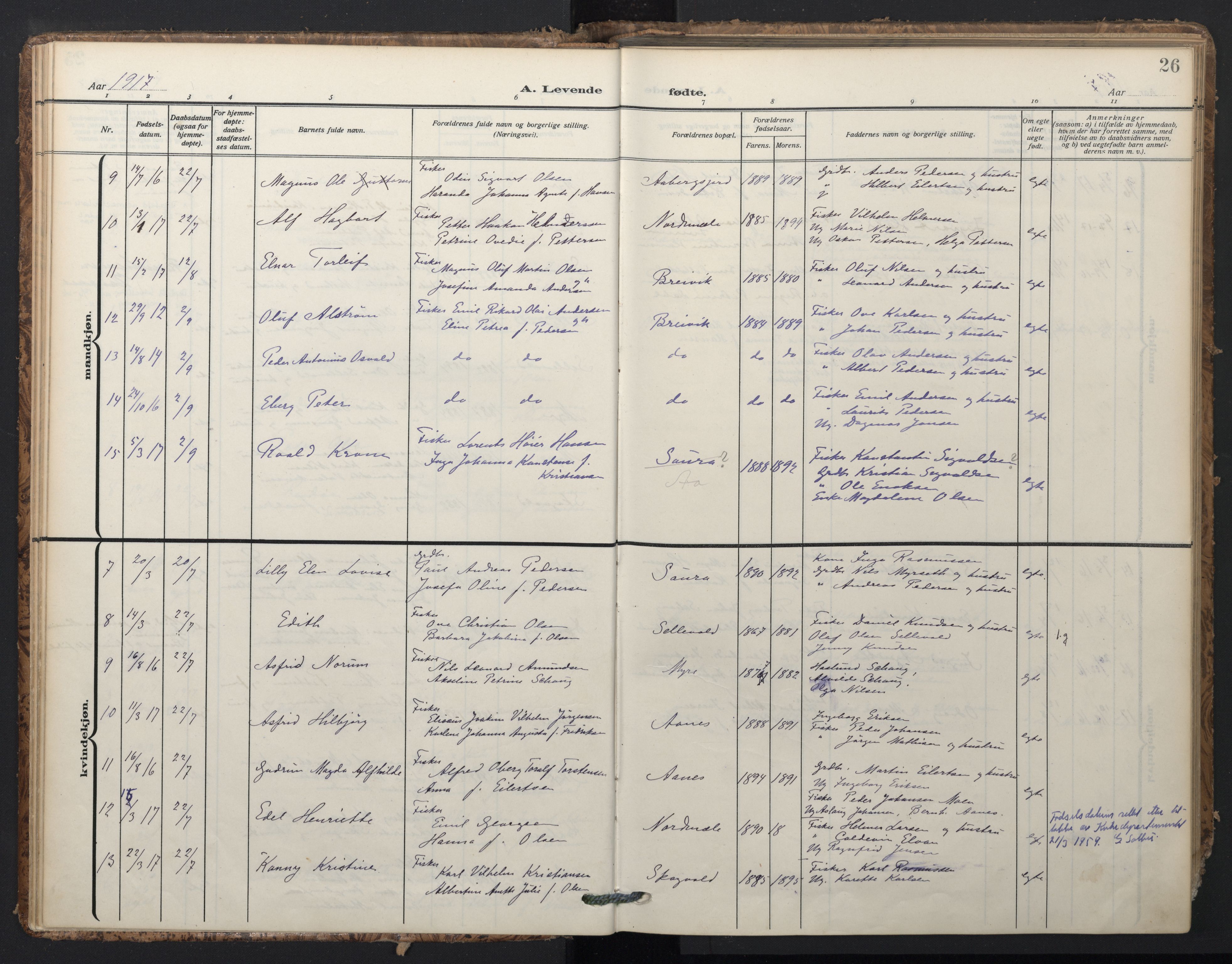 Ministerialprotokoller, klokkerbøker og fødselsregistre - Nordland, AV/SAT-A-1459/897/L1401: Parish register (official) no. 897A08, 1909-1921, p. 26
