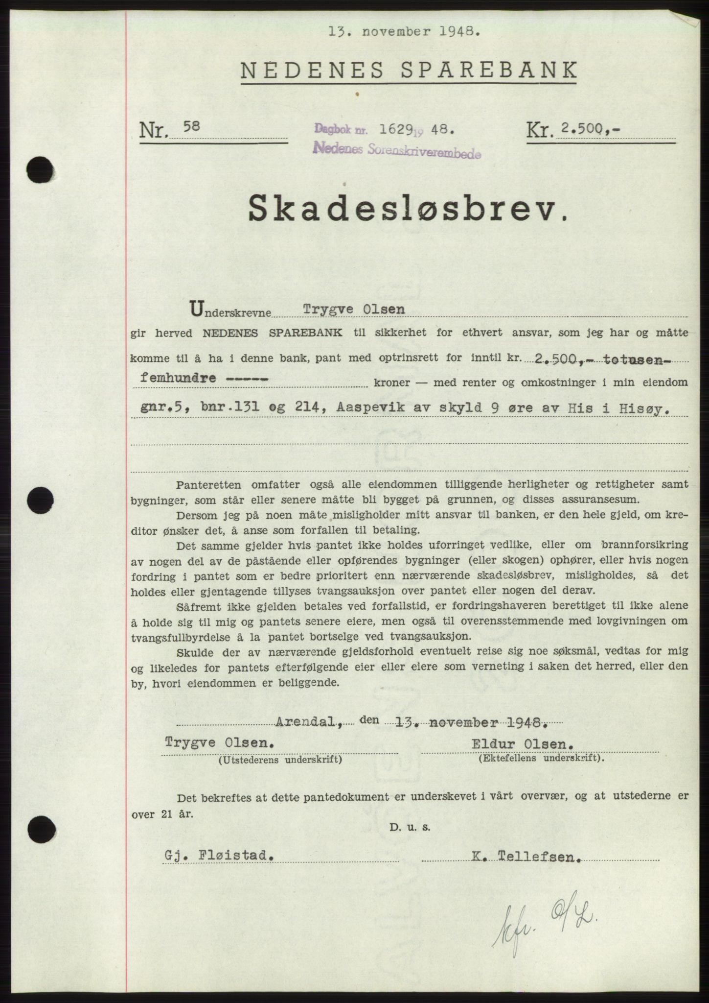 Nedenes sorenskriveri, AV/SAK-1221-0006/G/Gb/Gbb/L0005: Mortgage book no. B5, 1948-1948, Diary no: : 1629/1948