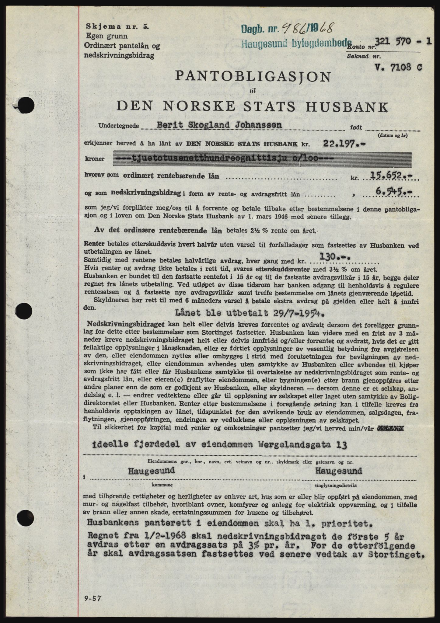 Haugesund tingrett, SAST/A-101415/01/II/IIC/L0058: Mortgage book no. B 58, 1967-1968, Diary no: : 986/1968