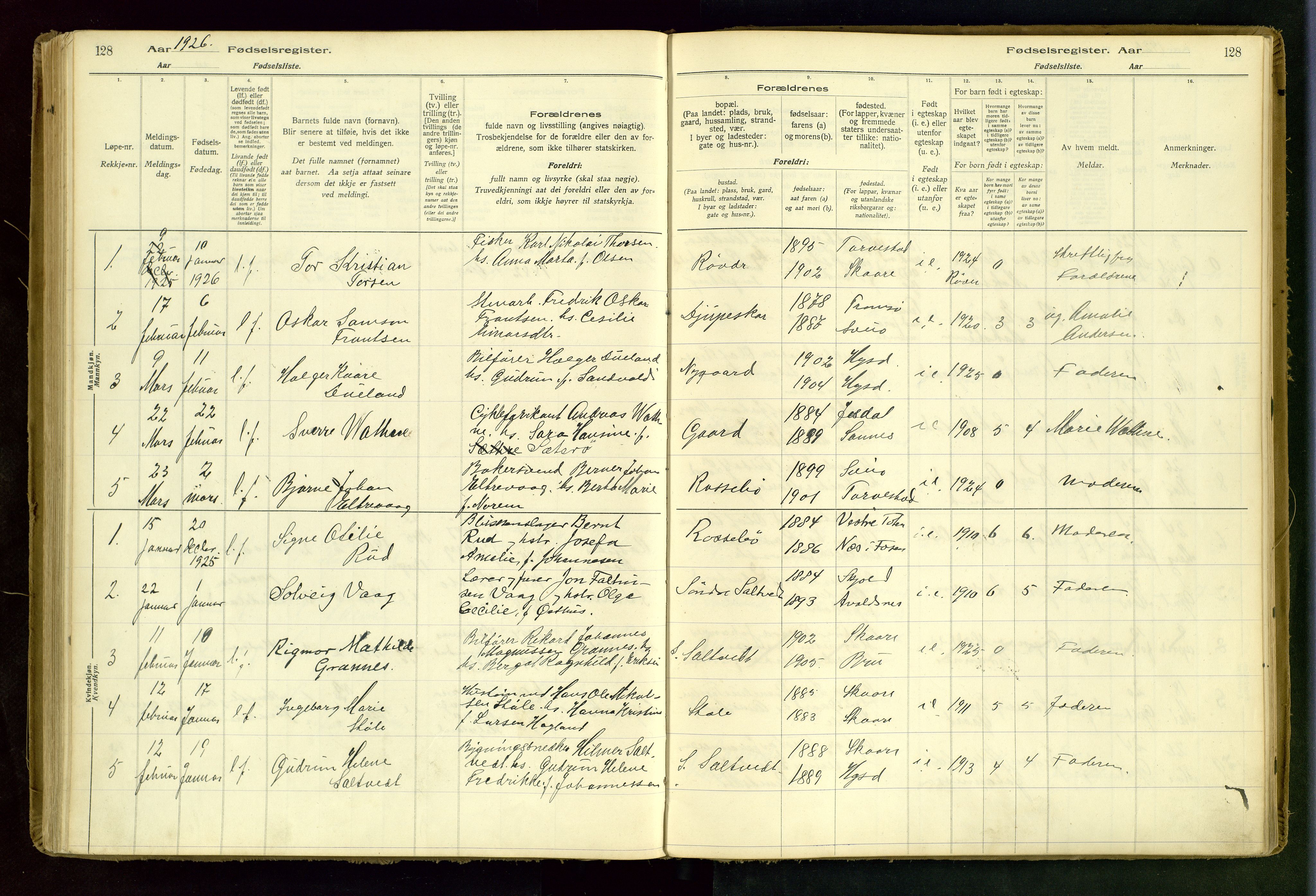 Haugesund sokneprestkontor, AV/SAST-A -101863/I/Id/L0001: Birth register no. 1, 1916-1935, p. 128