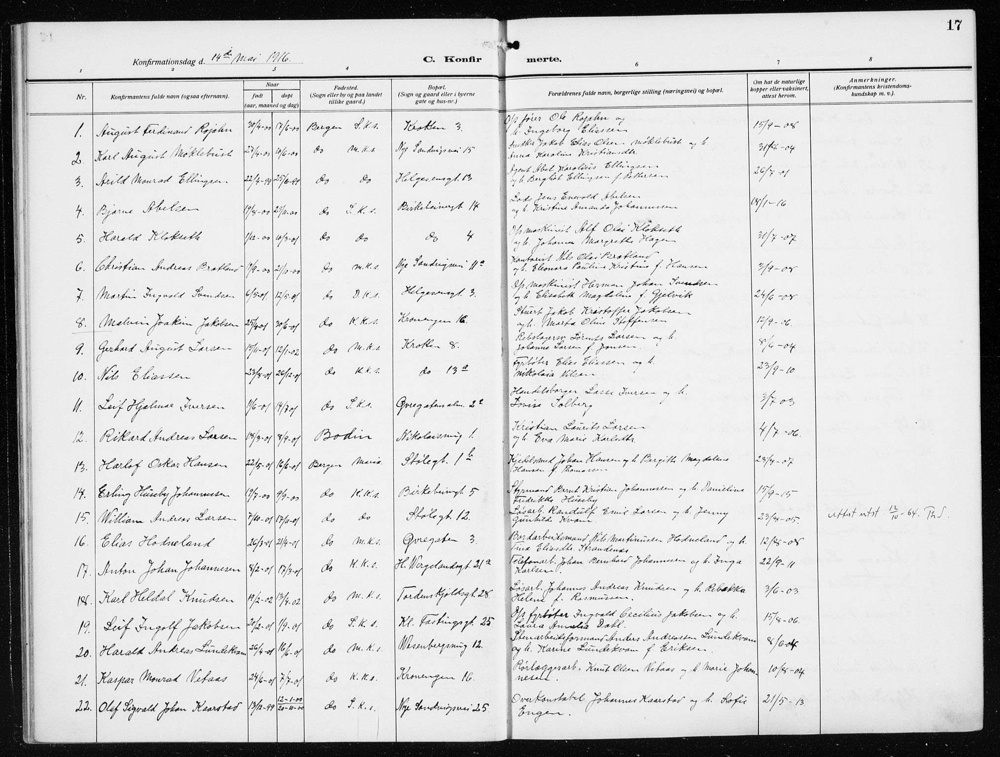 Mariakirken Sokneprestembete, SAB/A-76901/H/Haa/L0015: Parish register (official) no. C 3, 1913-1927, p. 17