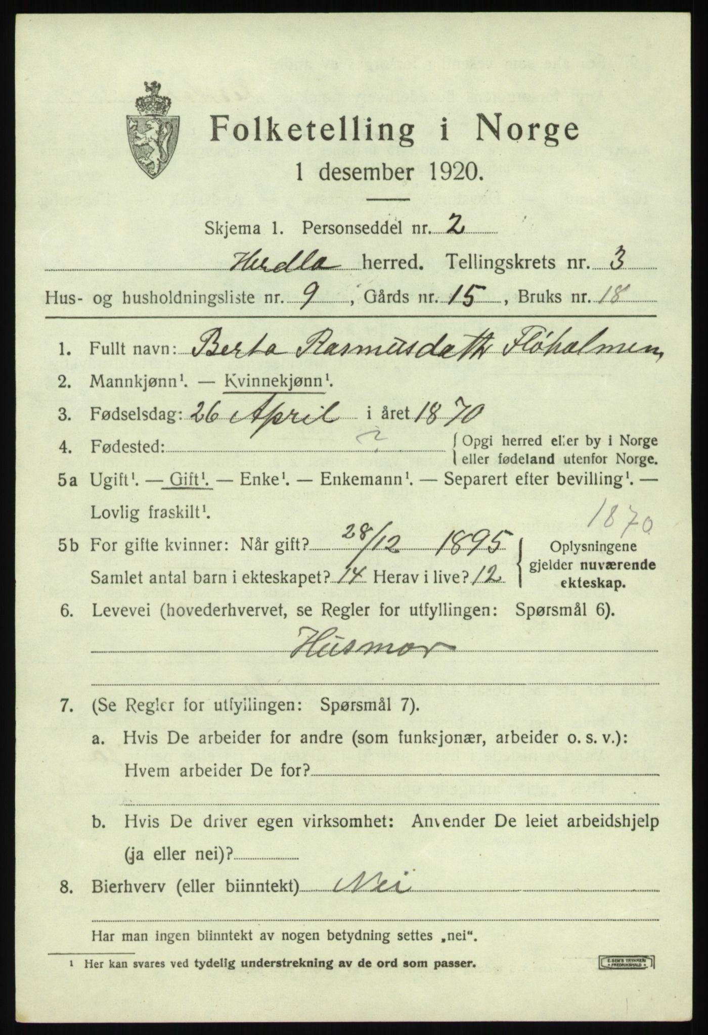 SAB, 1920 census for Herdla, 1920, p. 2905