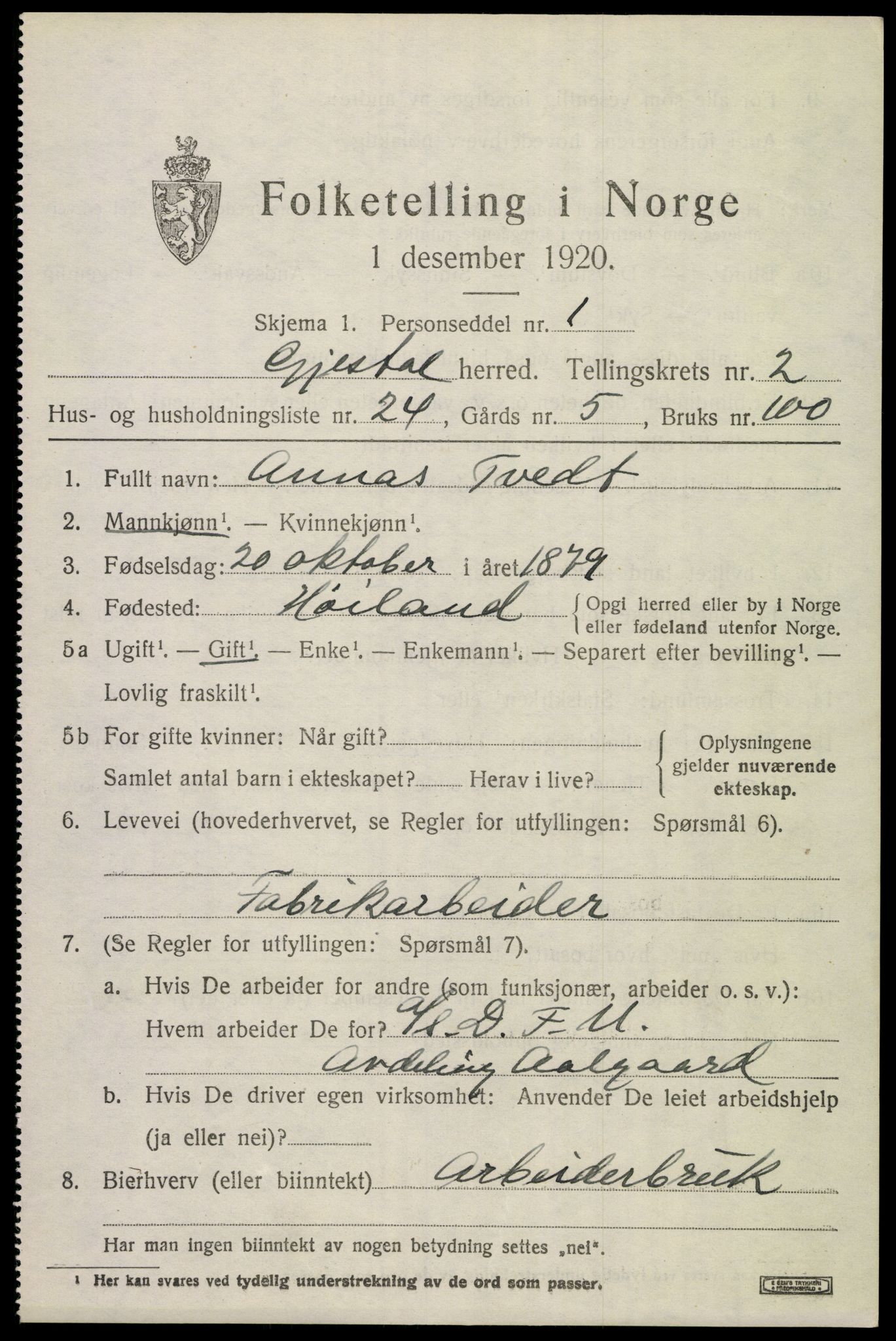 SAST, 1920 census for Gjesdal, 1920, p. 1744