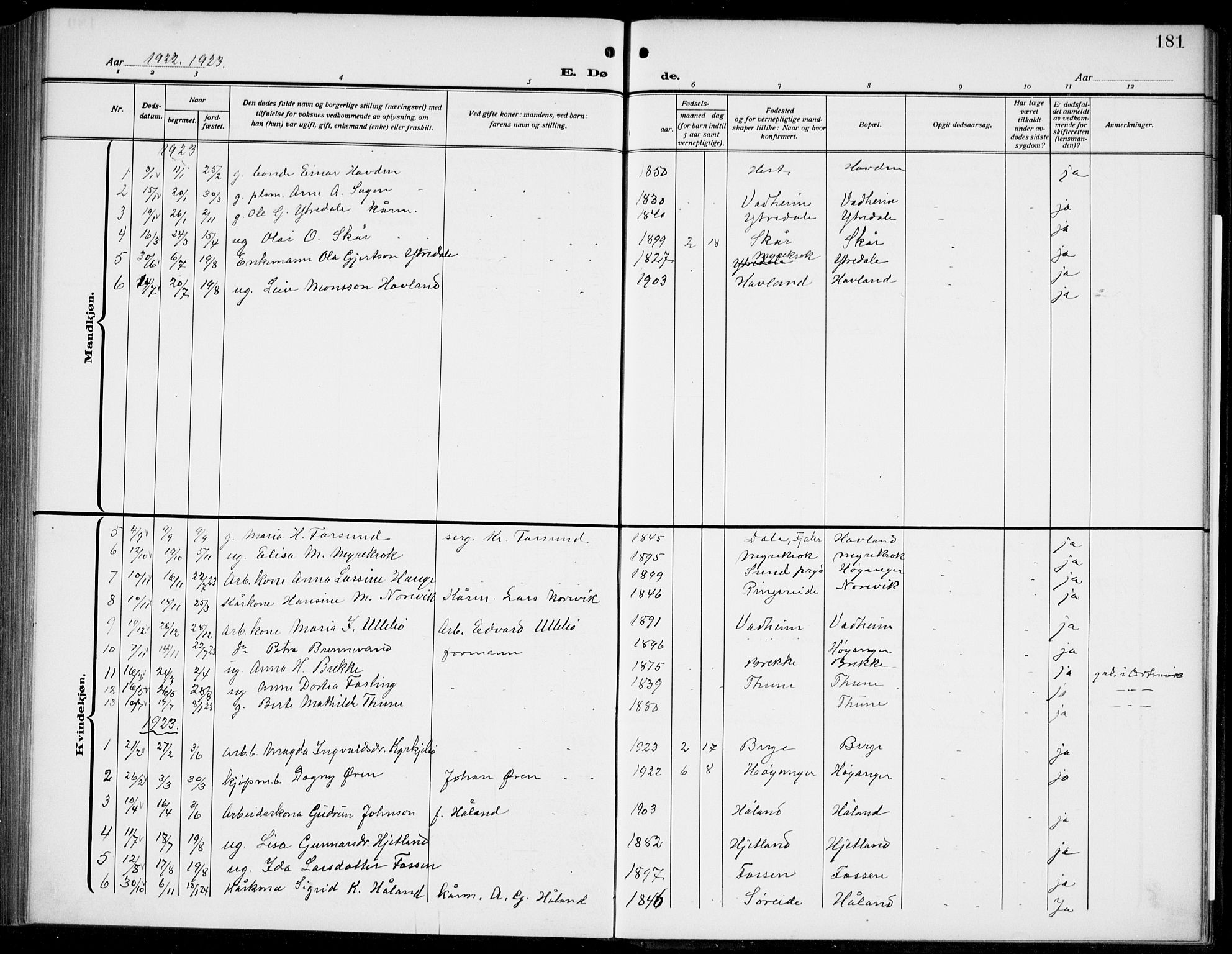 Lavik sokneprestembete, AV/SAB-A-80901: Parish register (copy) no. B 4, 1914-1937, p. 181