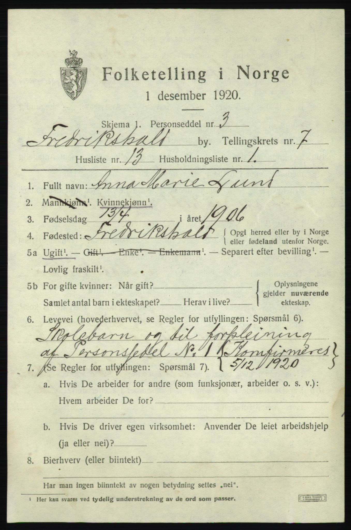 SAO, 1920 census for Fredrikshald, 1920, p. 14100