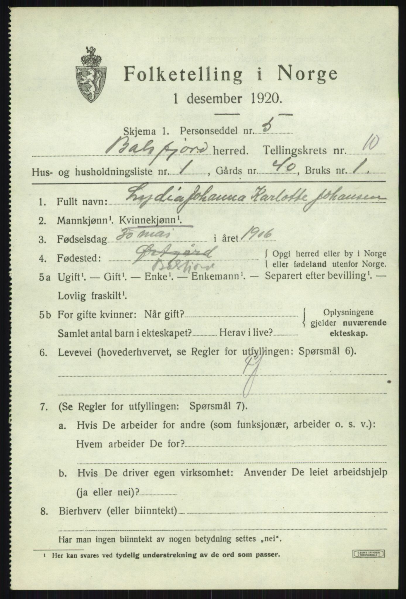 SATØ, 1920 census for Balsfjord, 1920, p. 5279