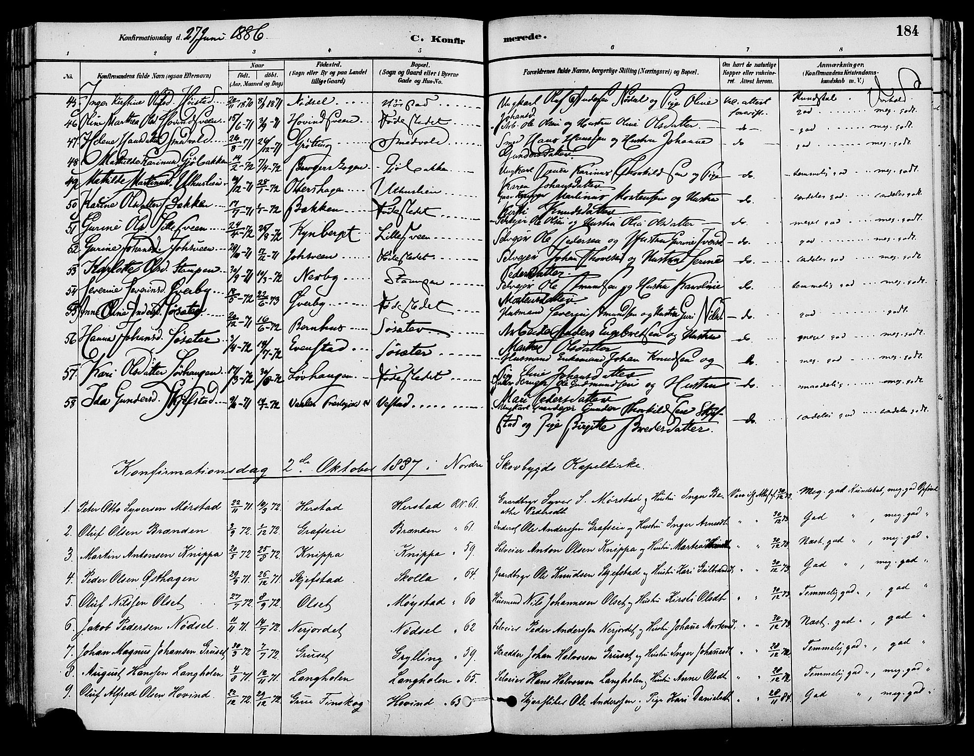 Elverum prestekontor, AV/SAH-PREST-044/H/Ha/Haa/L0013: Parish register (official) no. 13, 1880-1890, p. 184